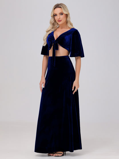 Short Sleeves Chest Tie A-line Velvet Bridesmaid Dresses