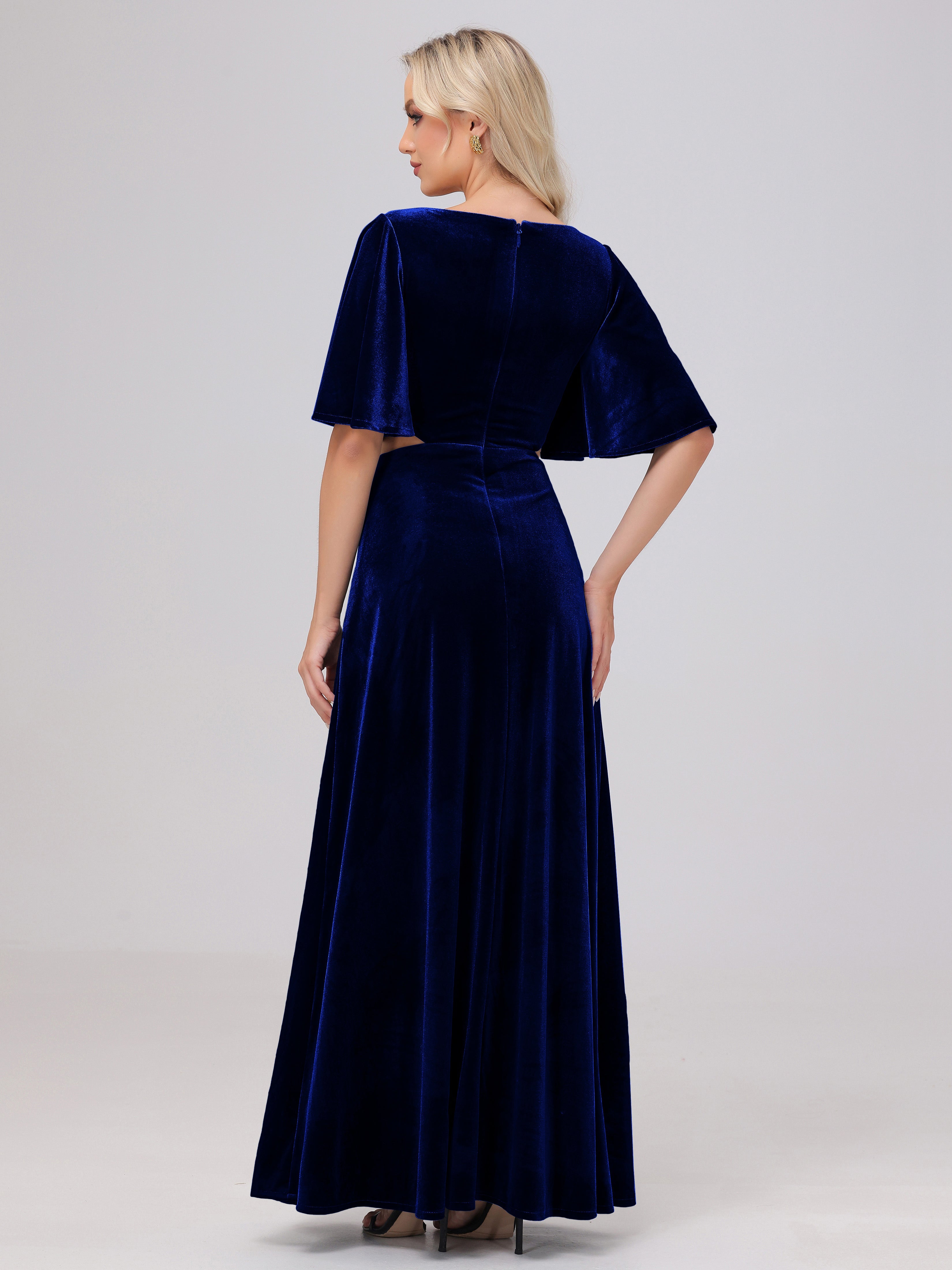 Short Sleeves Chest Tie A-line Velvet Bridesmaid Dresses