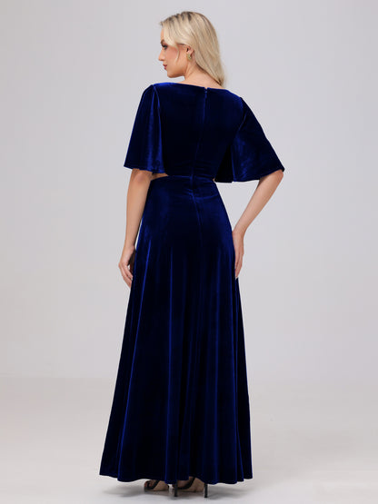 Short Sleeves Chest Tie A-line Velvet Bridesmaid Dresses