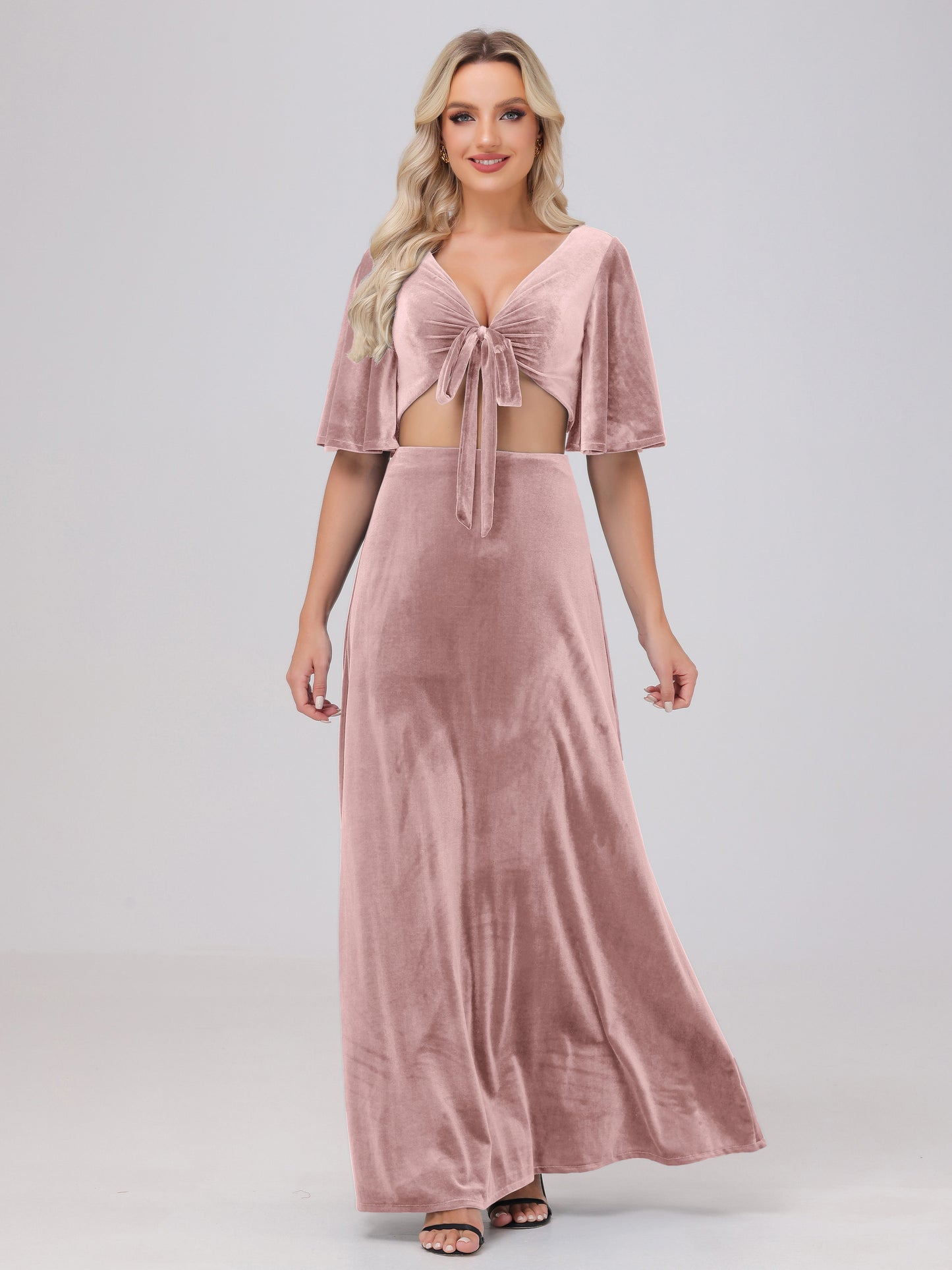 Short Sleeves Chest Tie A-line Velvet Bridesmaid Dresses
