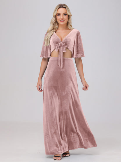 Short Sleeves Chest Tie A-line Velvet Bridesmaid Dresses