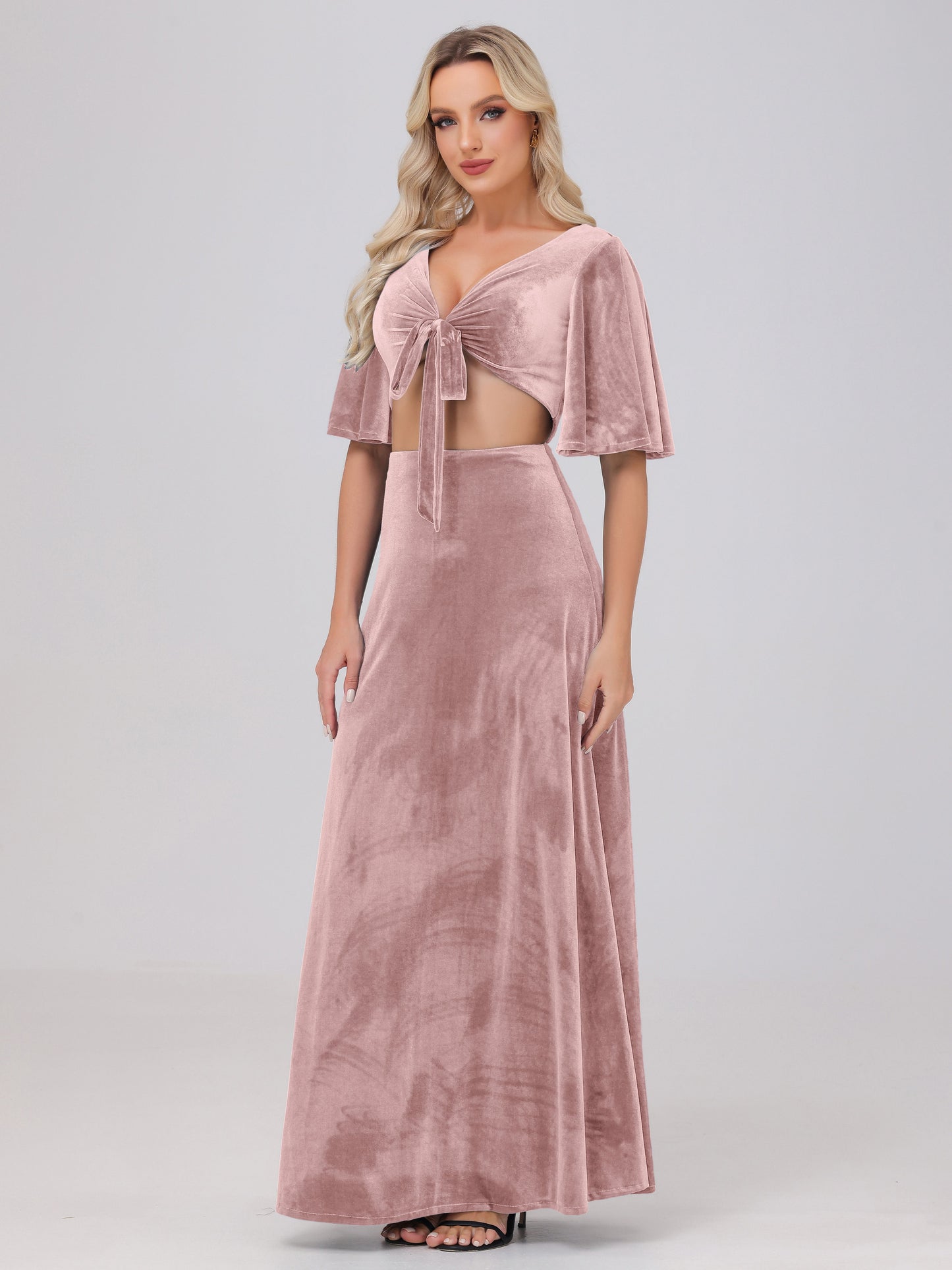 Short Sleeves Chest Tie A-line Velvet Bridesmaid Dresses
