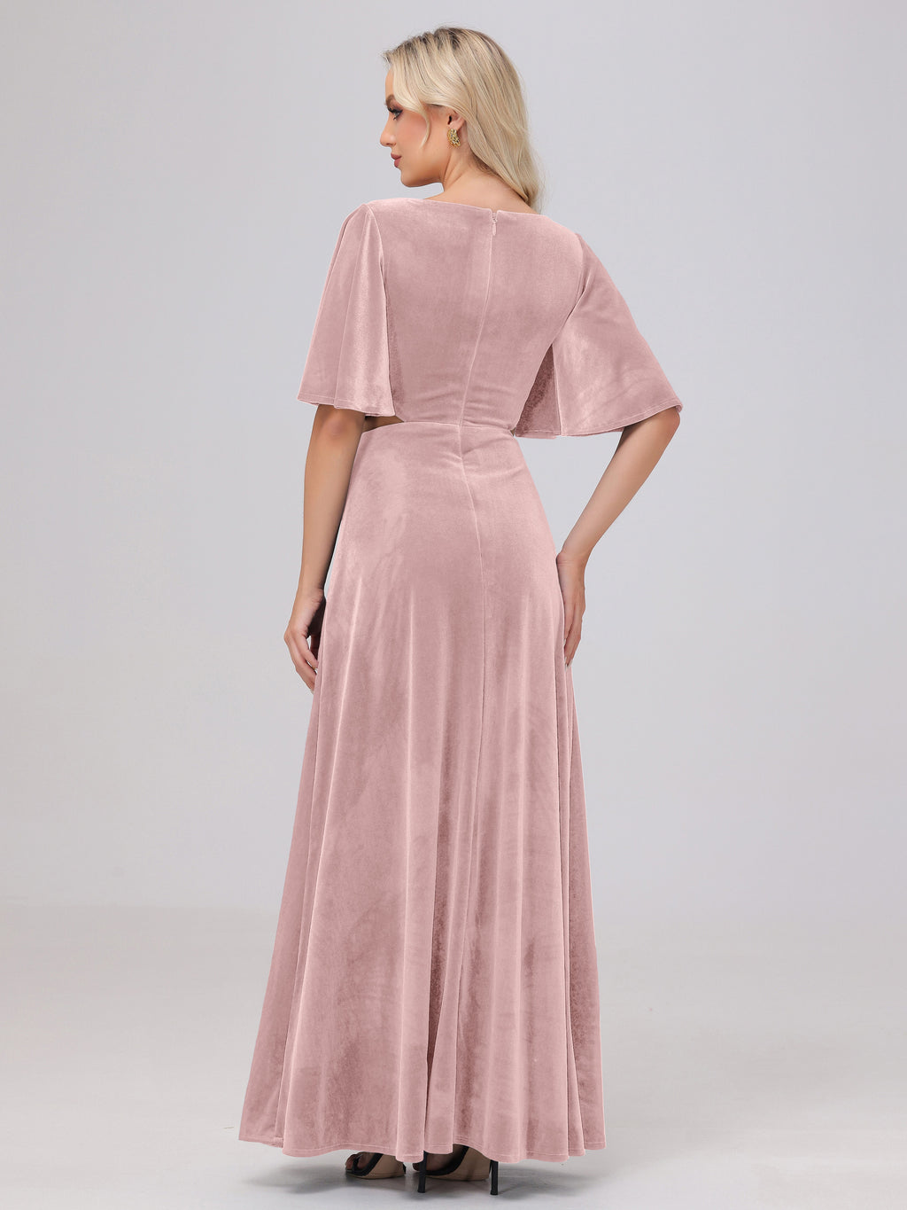 Short Sleeves Chest Tie A-line Velvet Bridesmaid Dresses