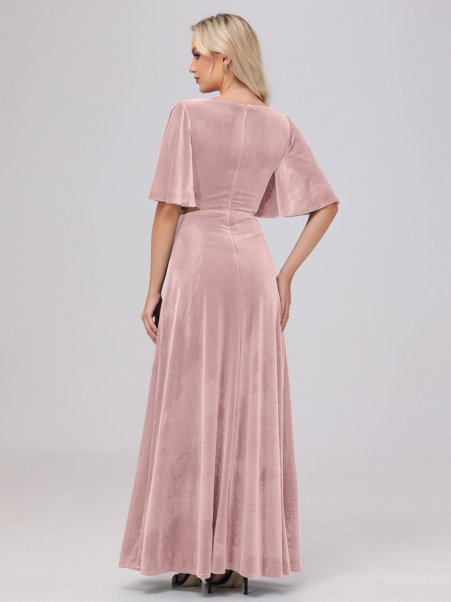 Short Sleeves Chest Tie A-line Velvet Bridesmaid Dresses