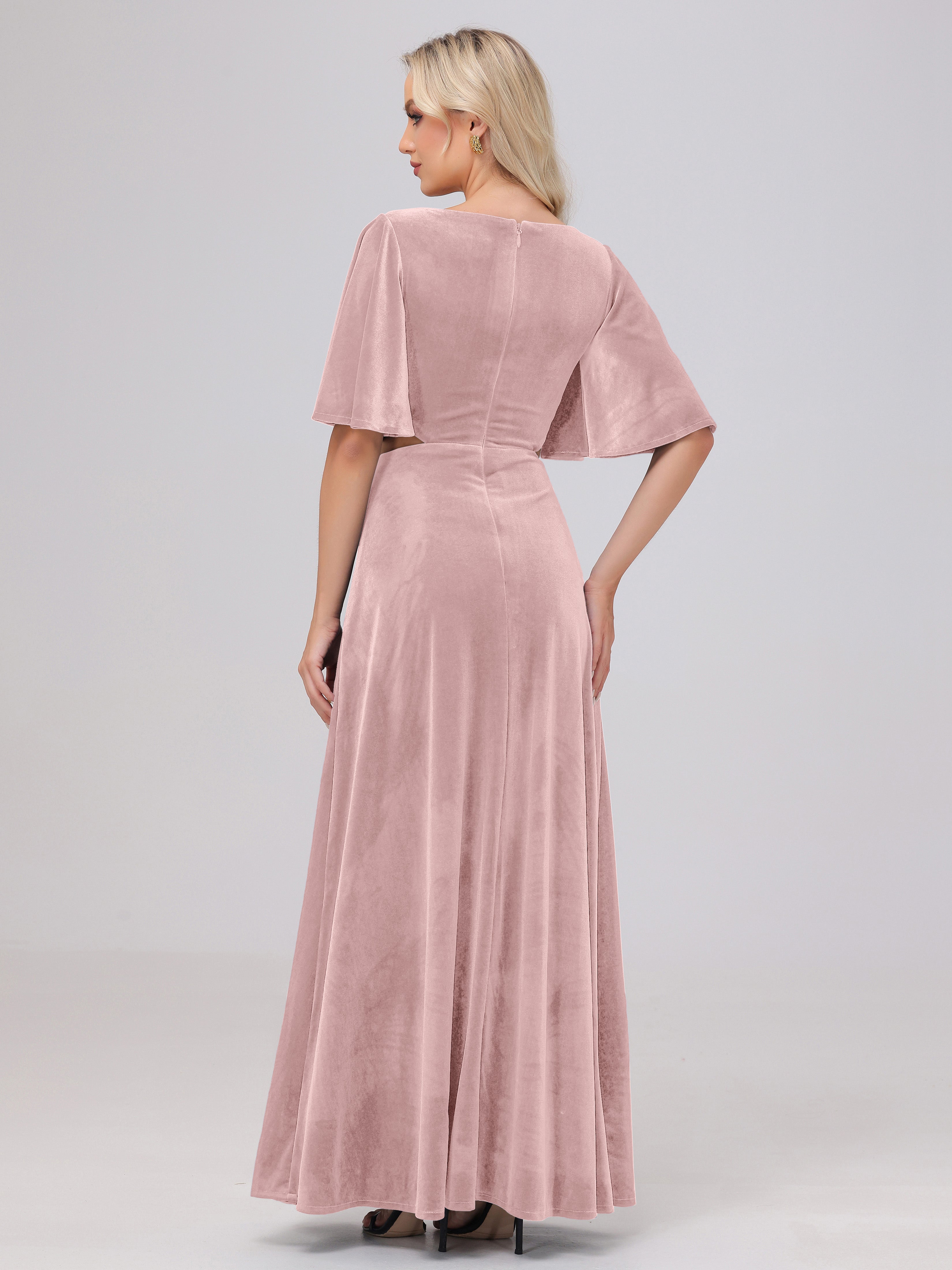 Short Sleeves Chest Tie A-line Velvet Bridesmaid Dresses