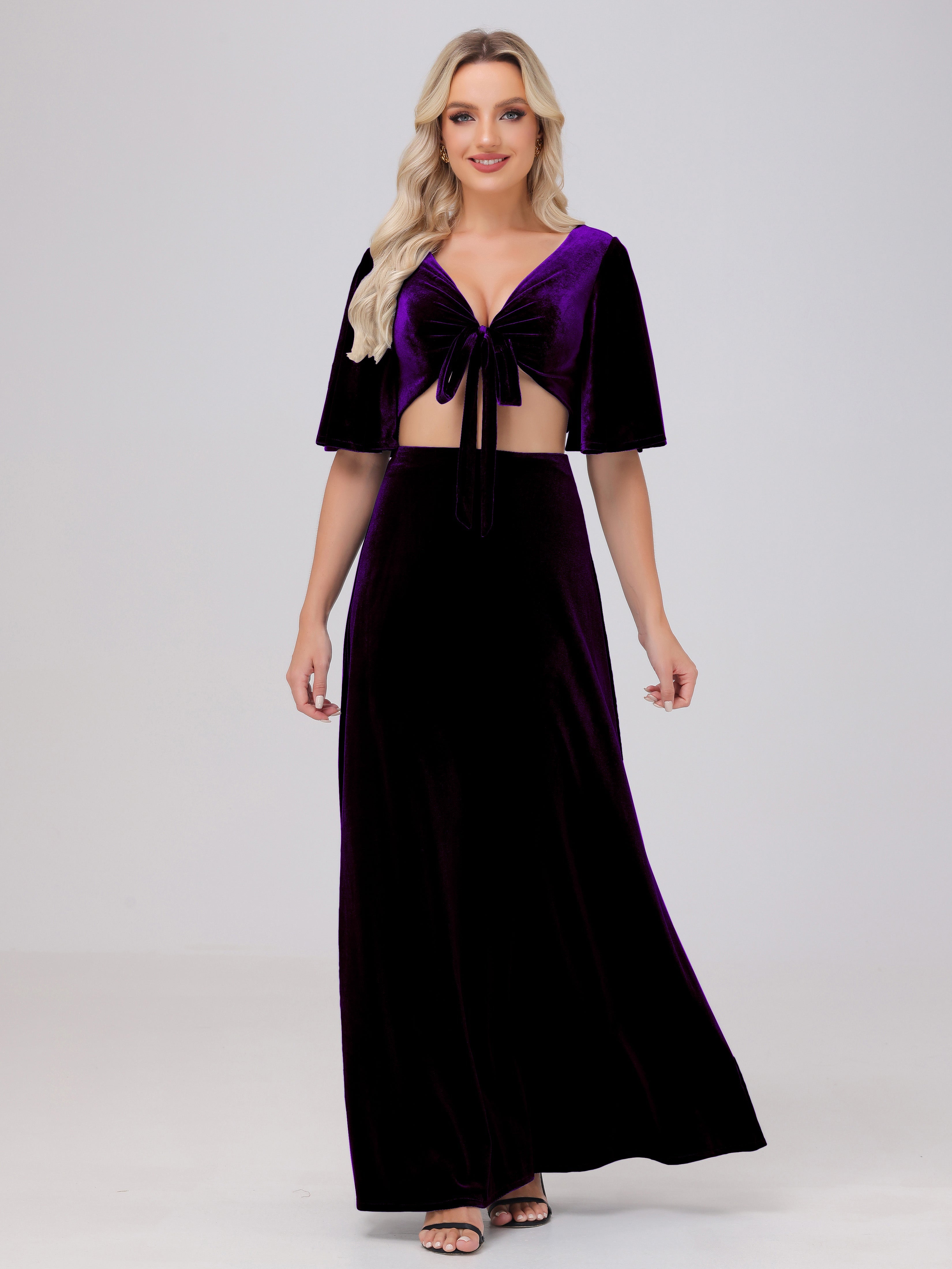 Short Sleeves Chest Tie A-line Velvet Bridesmaid Dresses