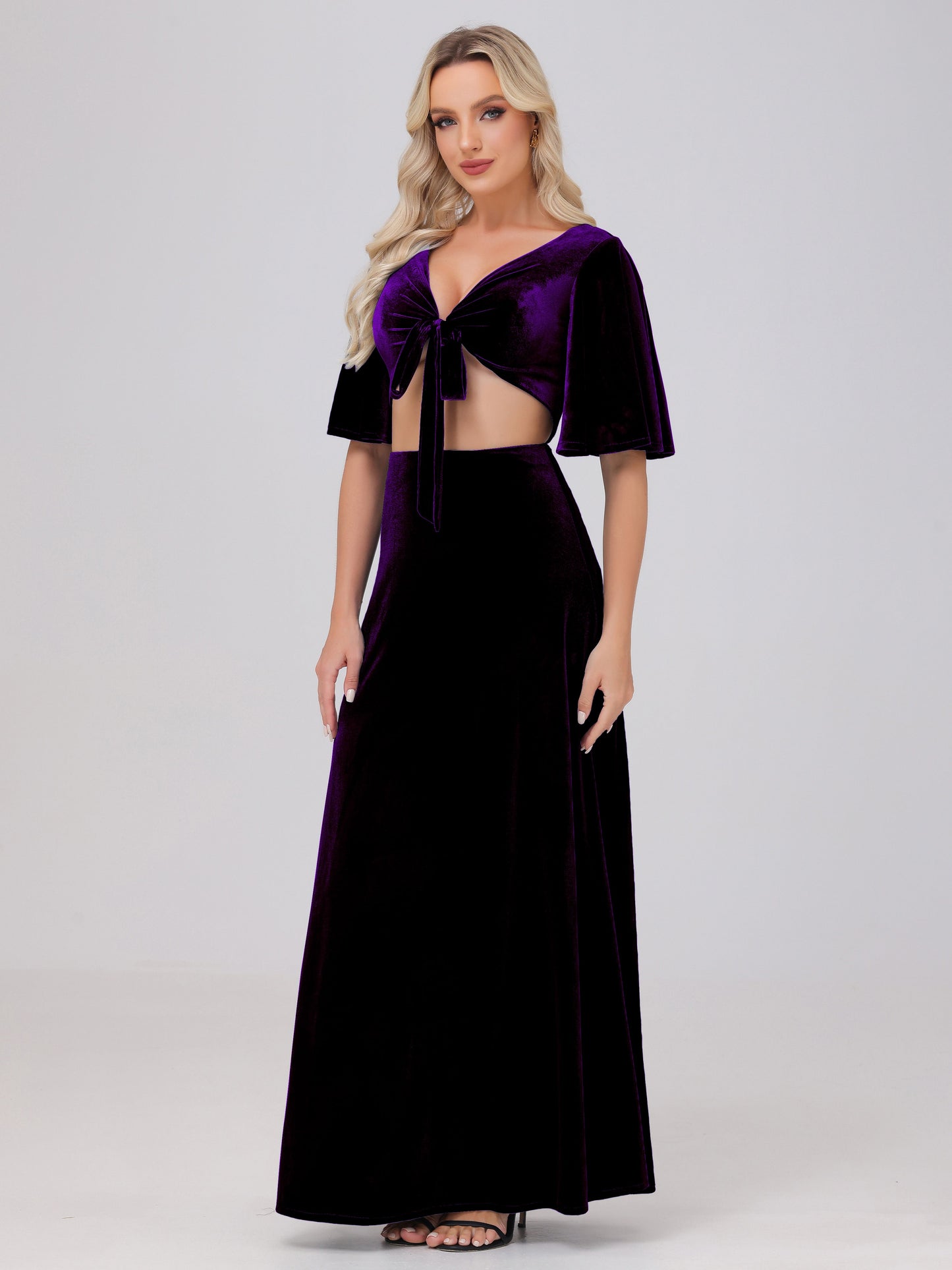 Short Sleeves Chest Tie A-line Velvet Bridesmaid Dresses