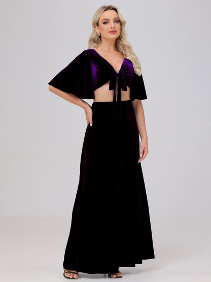 Short Sleeves Chest Tie A-line Velvet Bridesmaid Dresses
