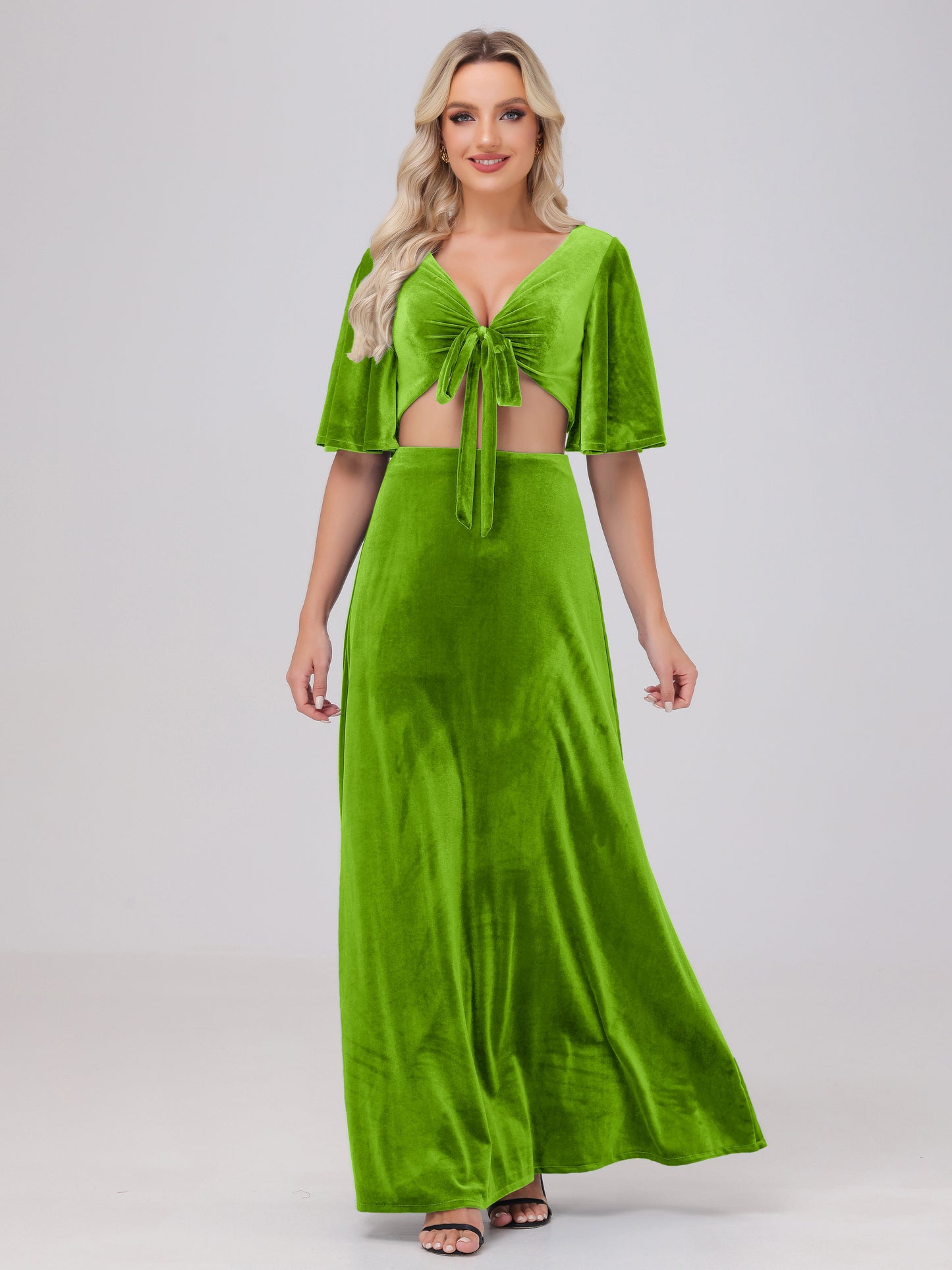 Short Sleeves Chest Tie A-line Velvet Bridesmaid Dresses
