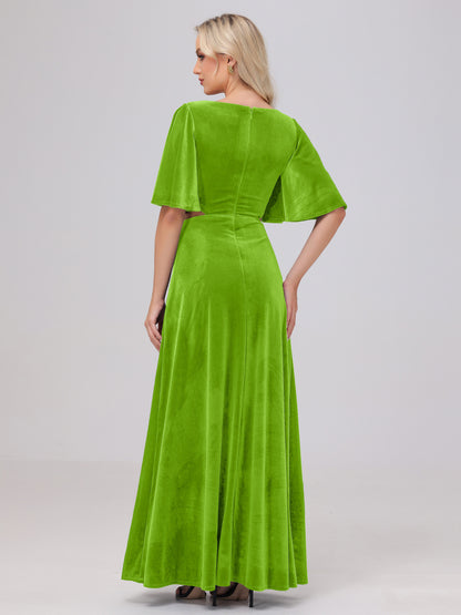 Short Sleeves Chest Tie A-line Velvet Bridesmaid Dresses