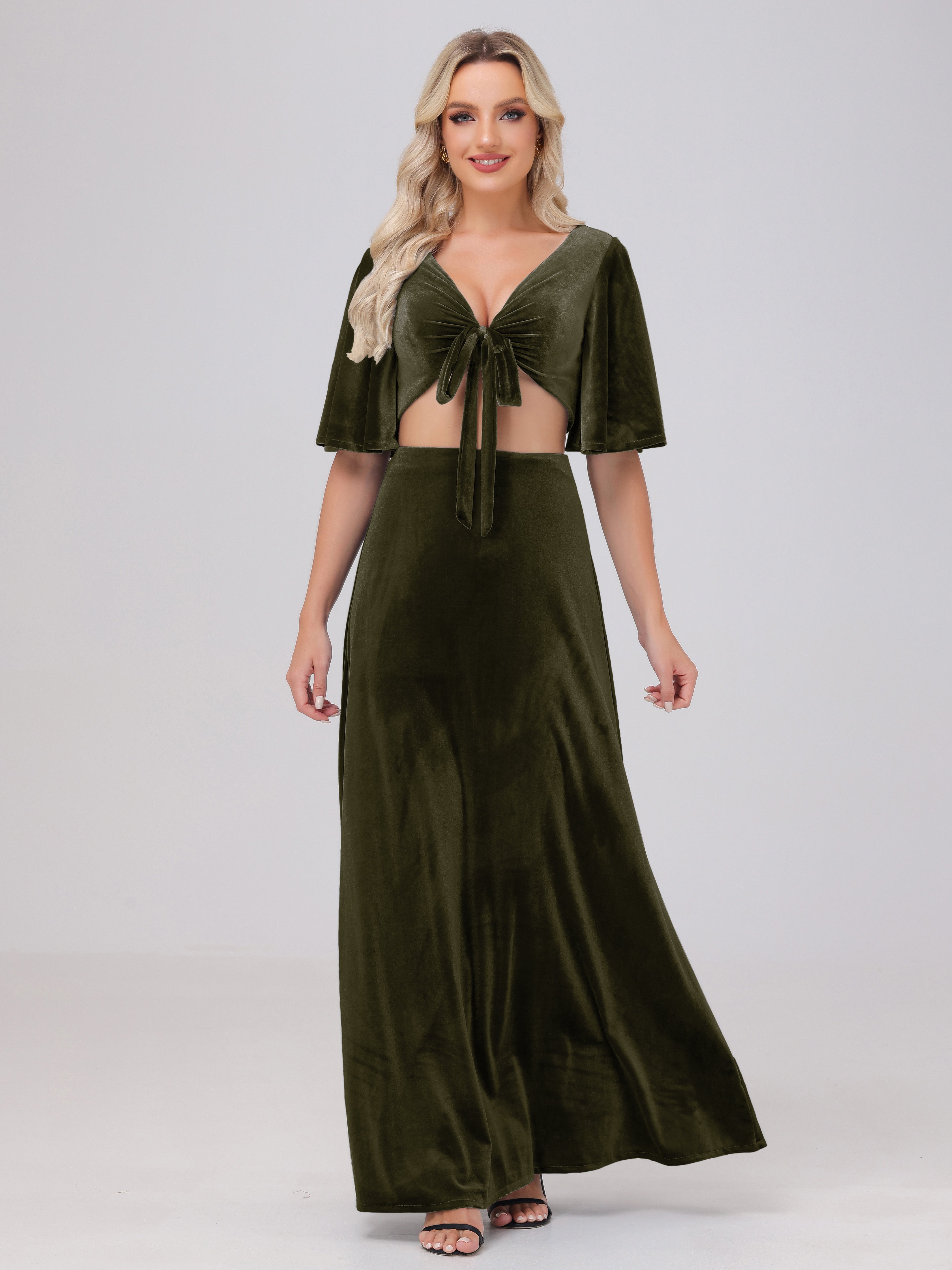 Short Sleeves Chest Tie A-line Velvet Bridesmaid Dresses