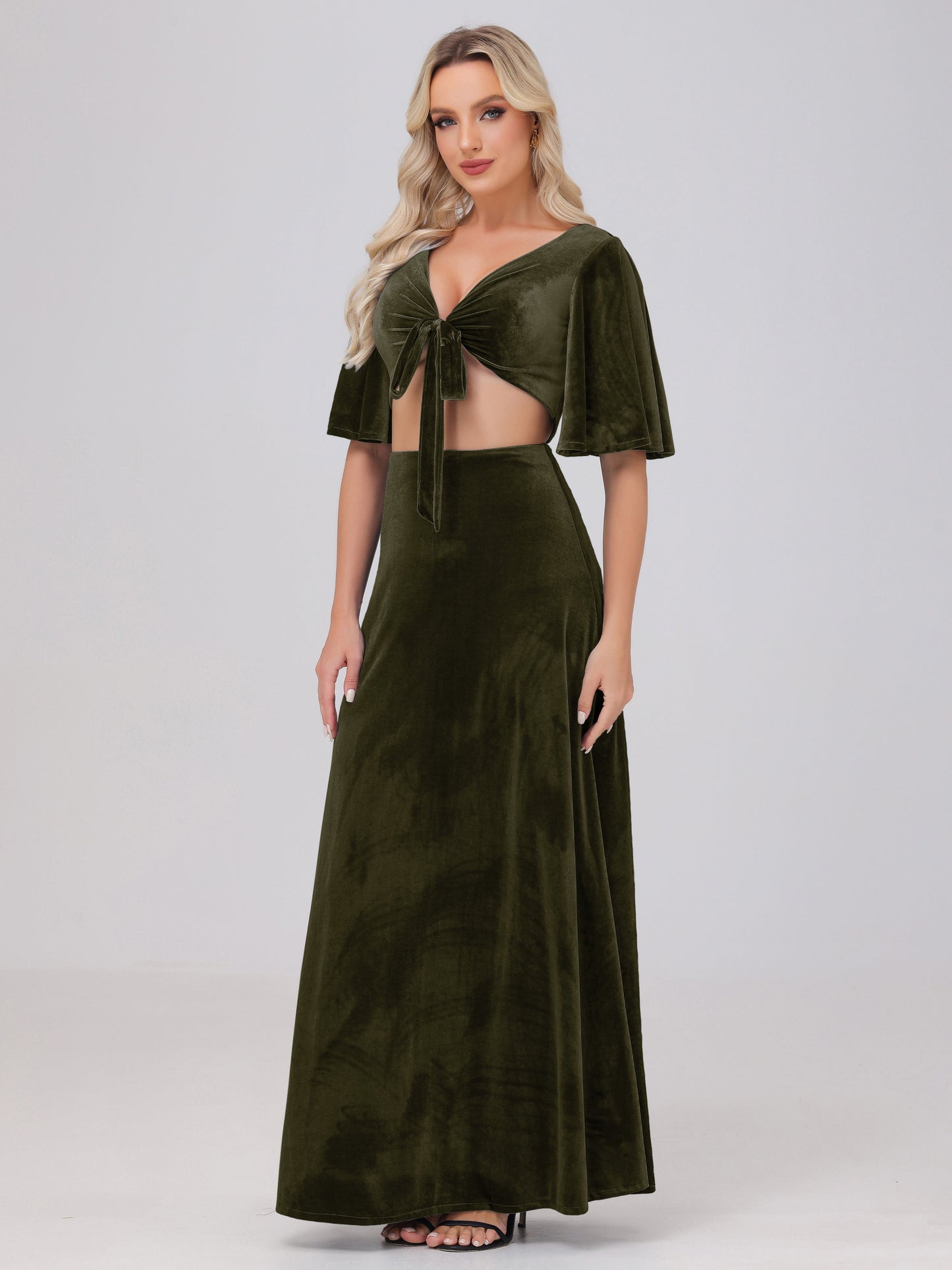 Short Sleeves Chest Tie A-line Velvet Bridesmaid Dresses