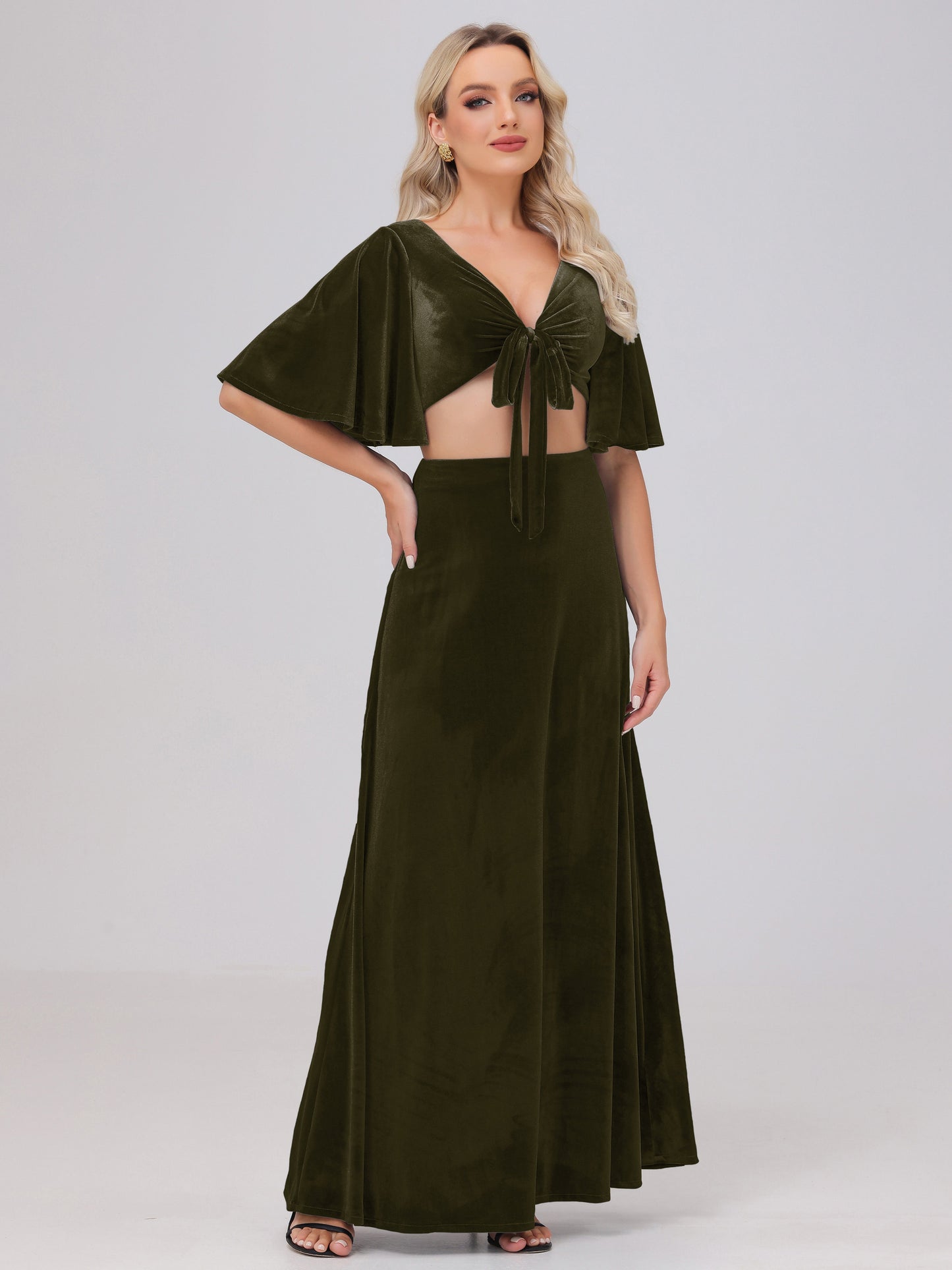 Short Sleeves Chest Tie A-line Velvet Bridesmaid Dresses