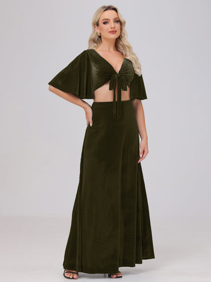 Short Sleeves Chest Tie A-line Velvet Bridesmaid Dresses