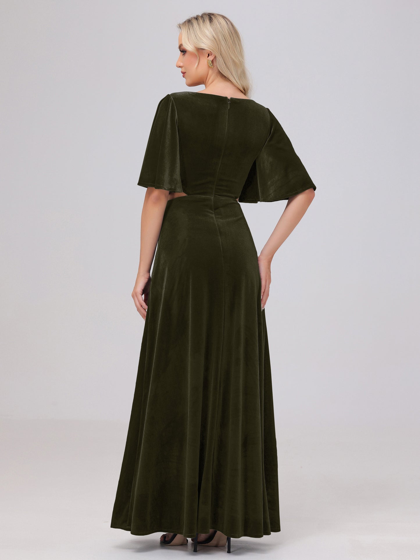 Short Sleeves Chest Tie A-line Velvet Bridesmaid Dresses