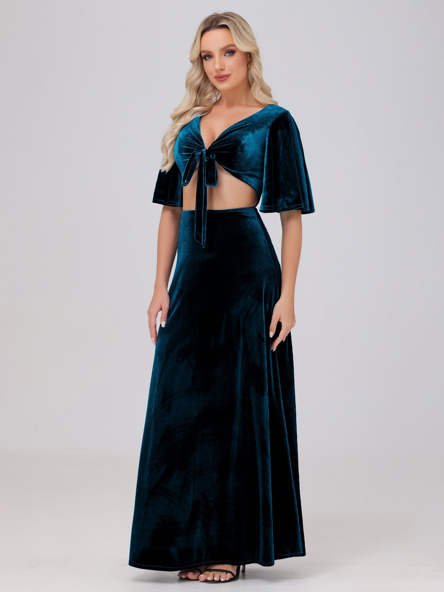 Short Sleeves Chest Tie A-line Velvet Bridesmaid Dresses
