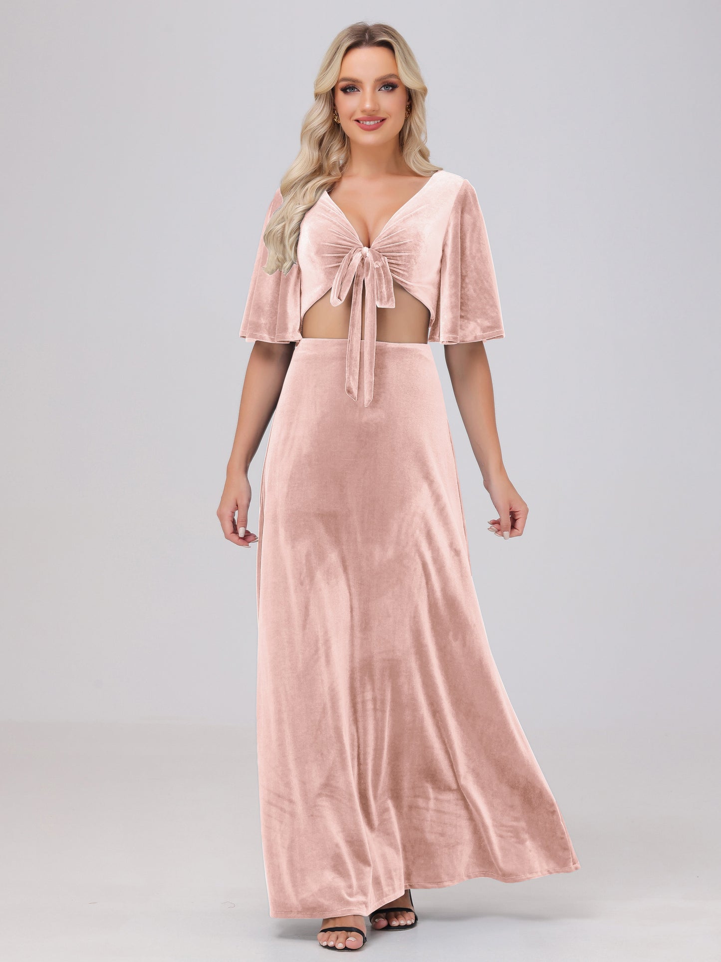 Short Sleeves Chest Tie A-line Velvet Bridesmaid Dresses