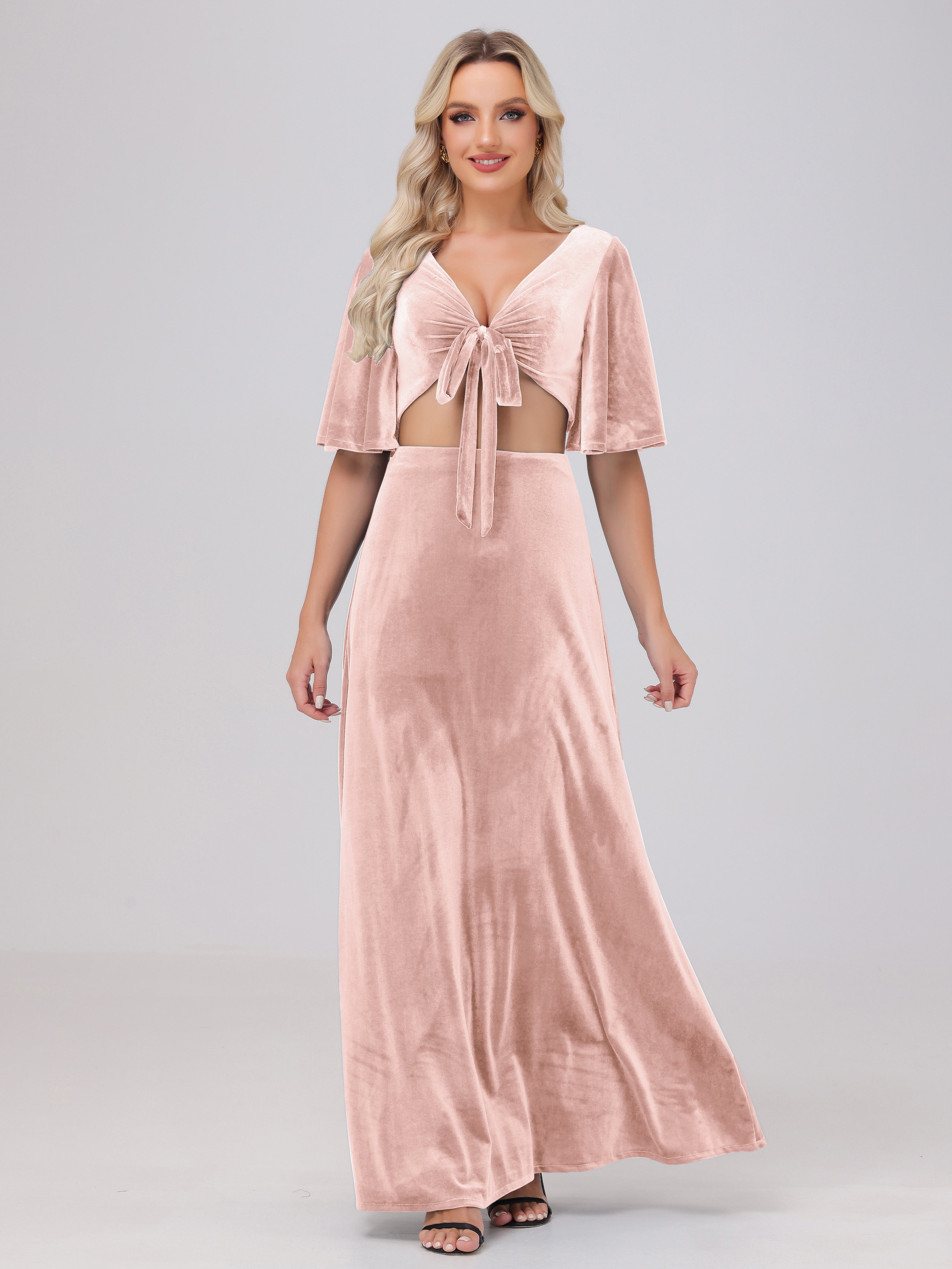 Short Sleeves Chest Tie A-line Velvet Bridesmaid Dresses