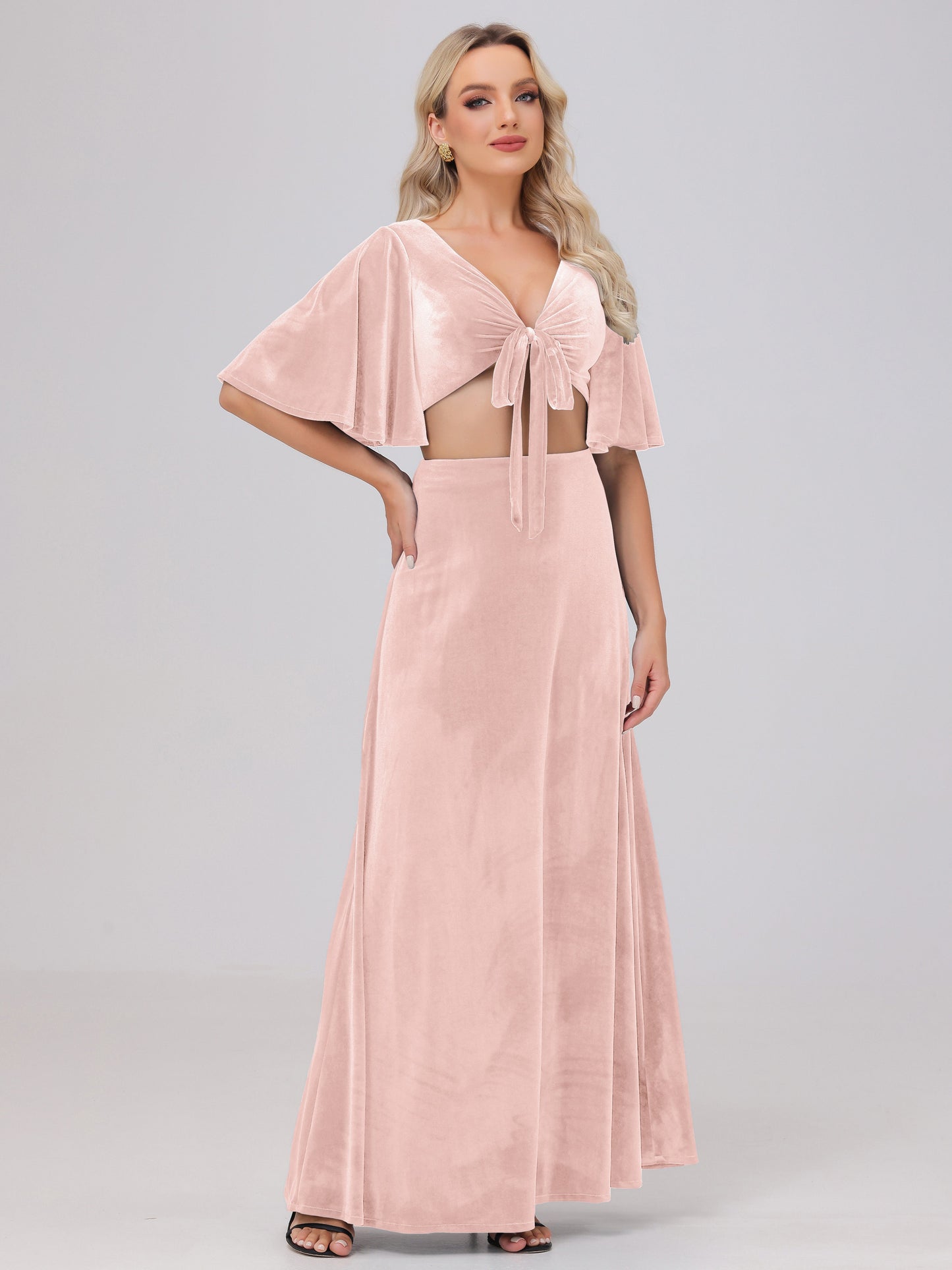 Short Sleeves Chest Tie A-line Velvet Bridesmaid Dresses