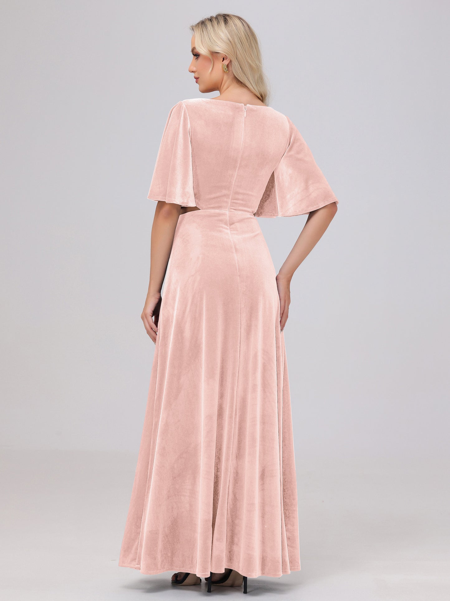 Short Sleeves Chest Tie A-line Velvet Bridesmaid Dresses