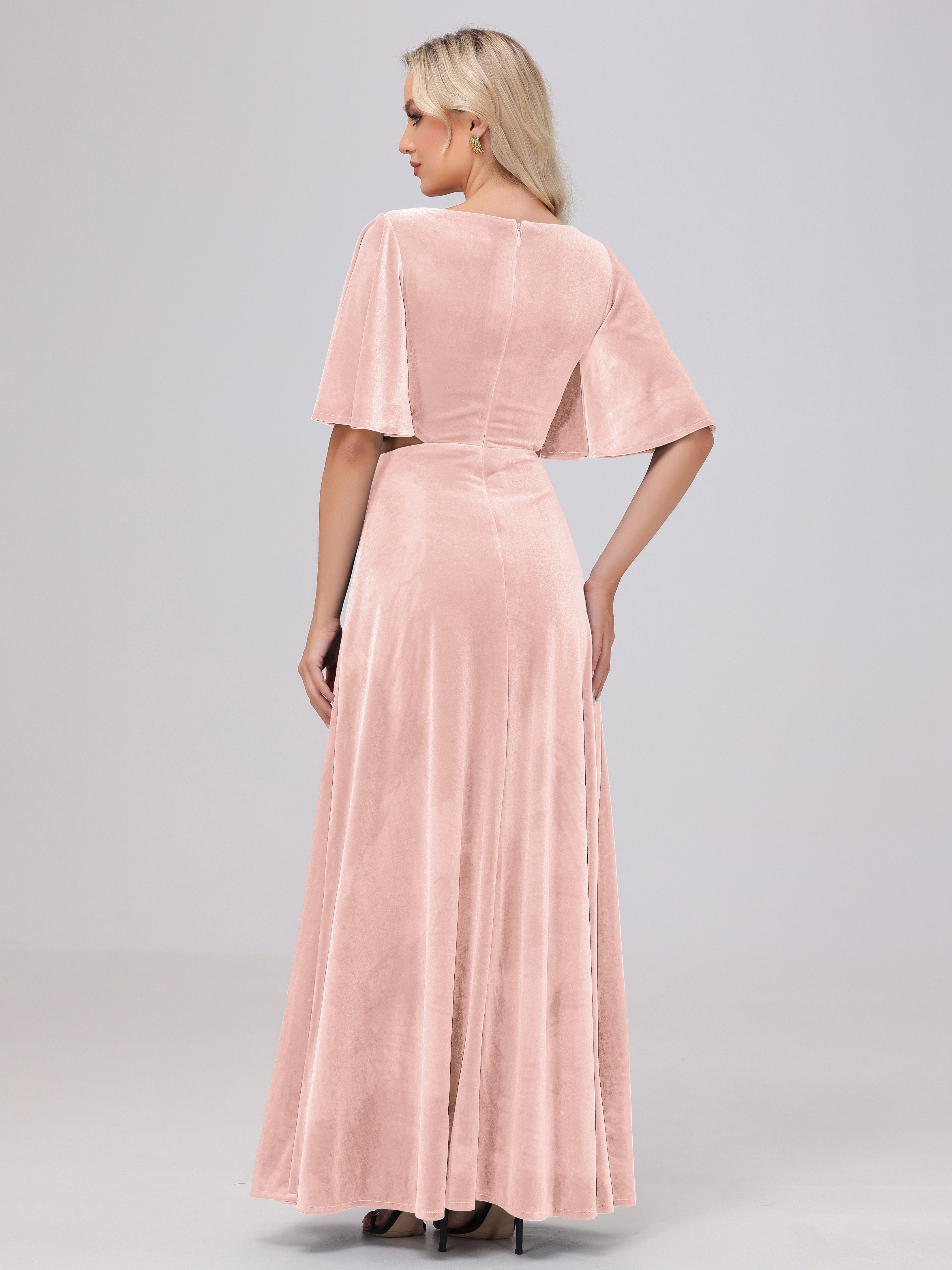 Short Sleeves Chest Tie A-line Velvet Bridesmaid Dresses