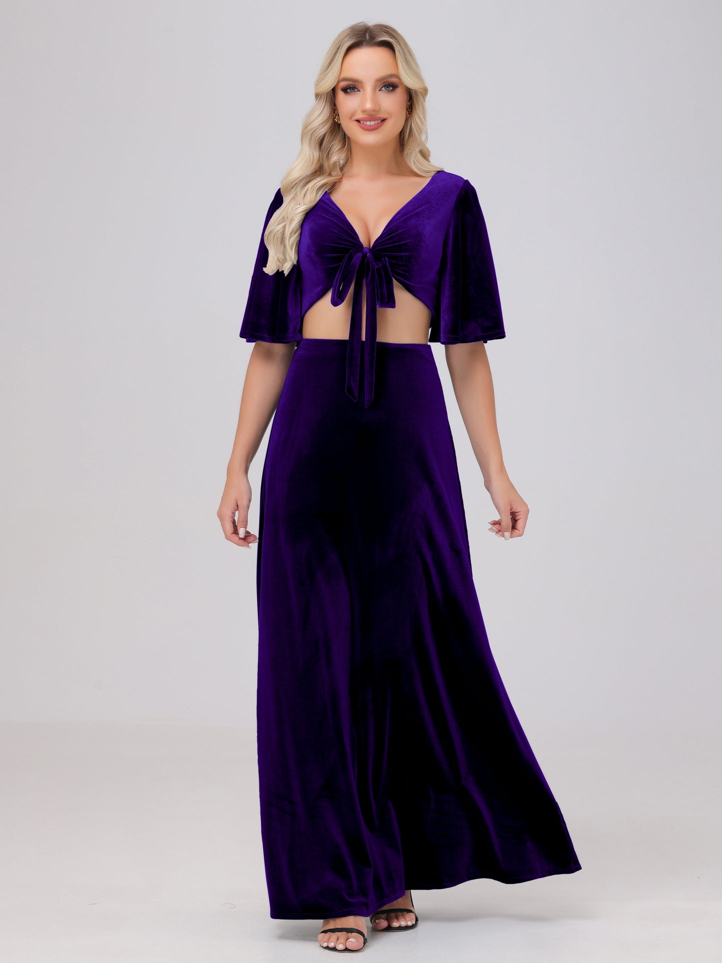 Short Sleeves Chest Tie A-line Velvet Bridesmaid Dresses