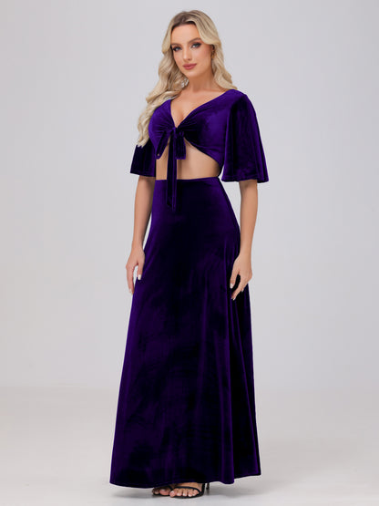 Short Sleeves Chest Tie A-line Velvet Bridesmaid Dresses