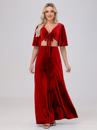 Short Sleeves Chest Tie A-line Velvet Bridesmaid Dresses