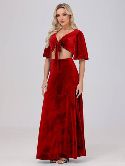 Short Sleeves Chest Tie A-line Velvet Bridesmaid Dresses
