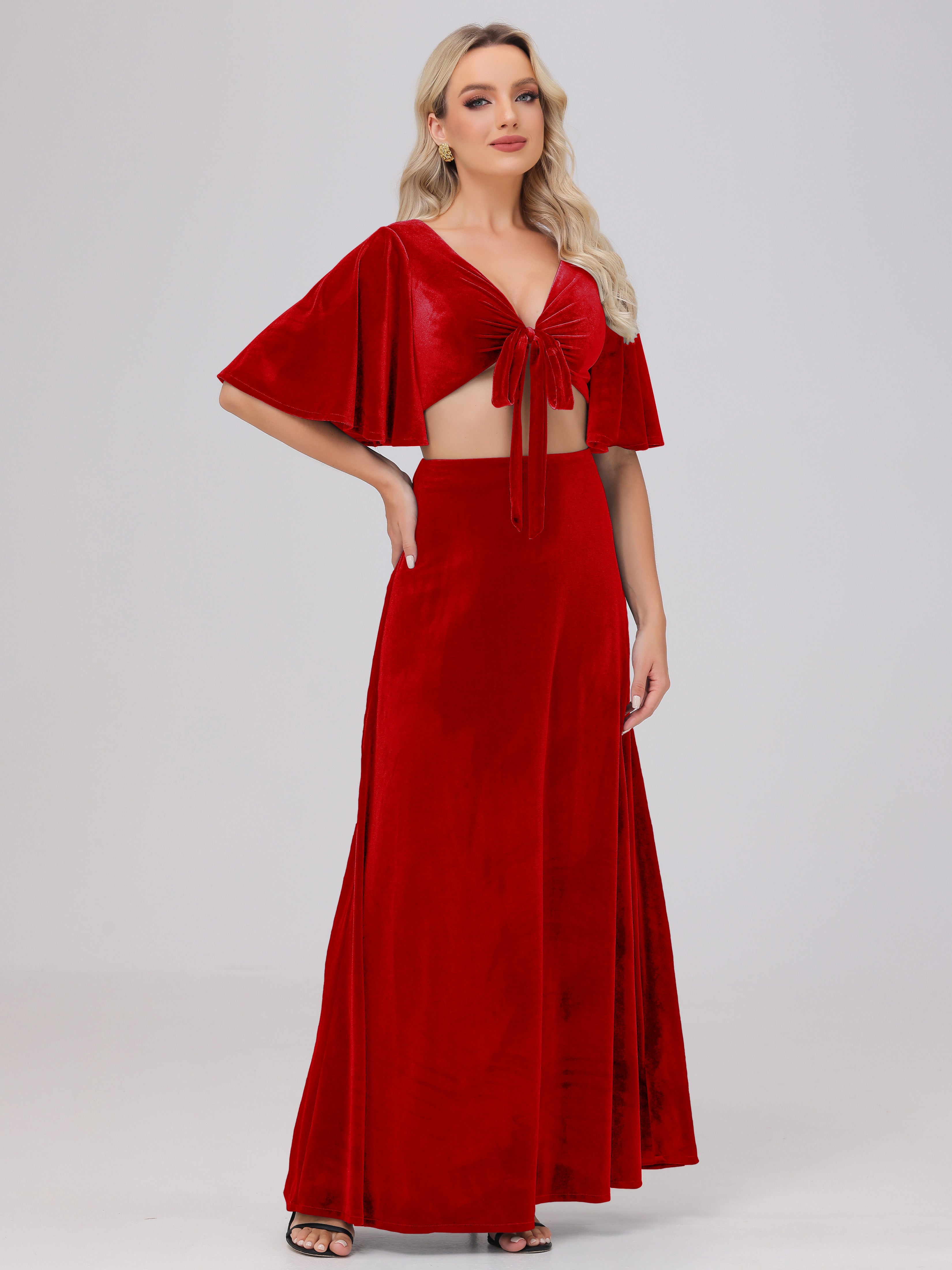 Short Sleeves Chest Tie A-line Velvet Bridesmaid Dresses
