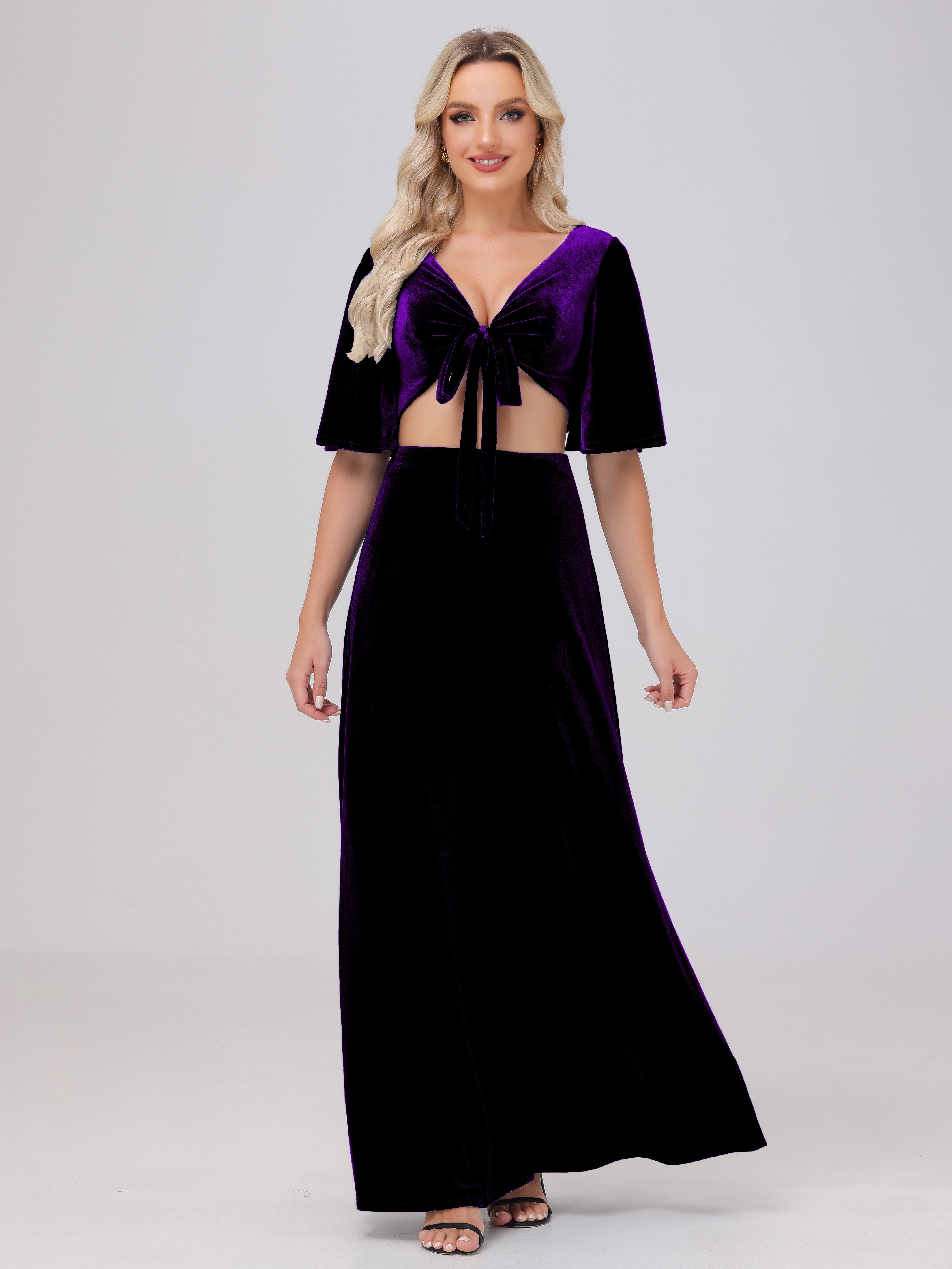 Short Sleeves Chest Tie A-line Velvet Bridesmaid Dresses