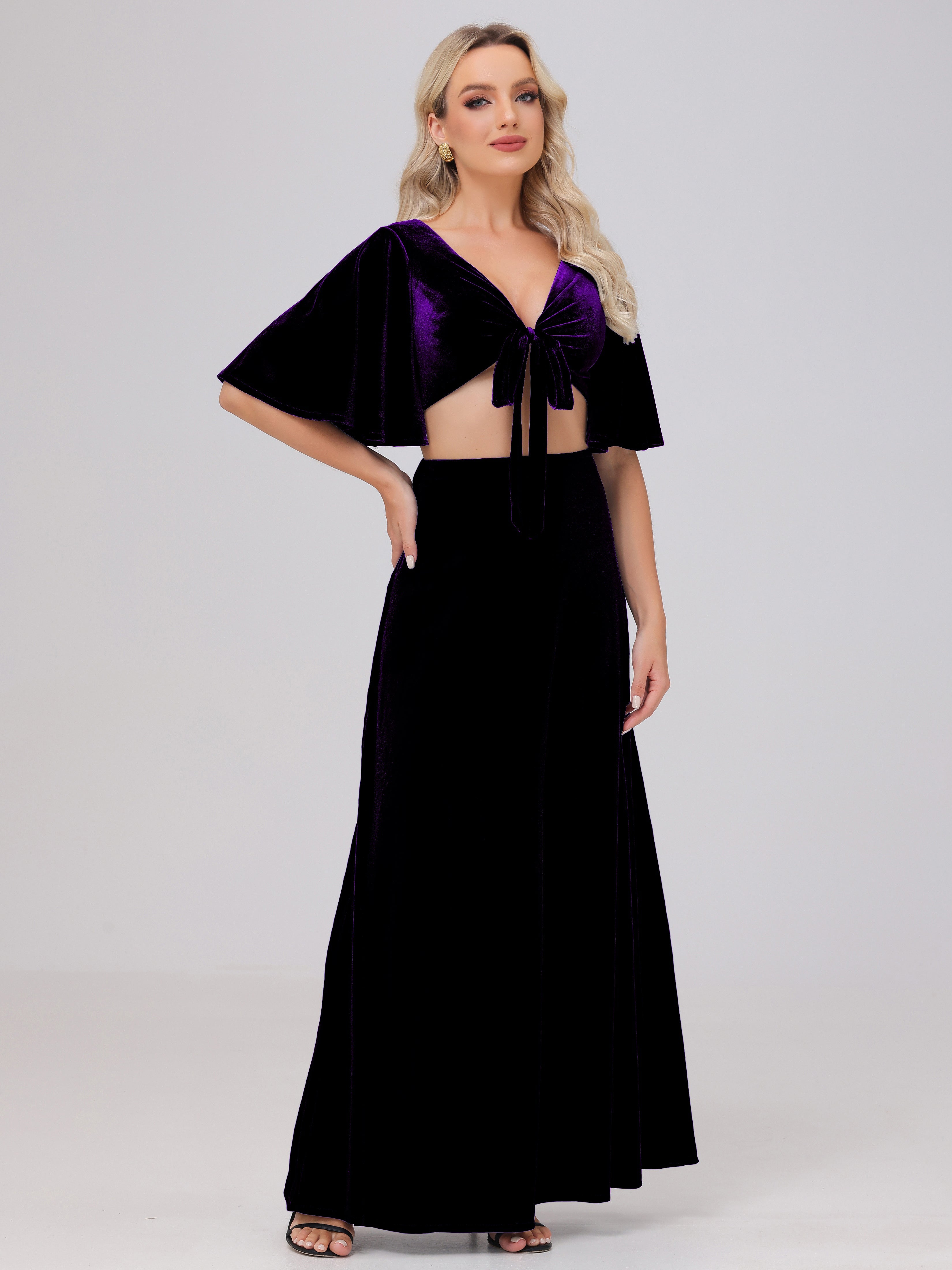 Short Sleeves Chest Tie A-line Velvet Bridesmaid Dresses