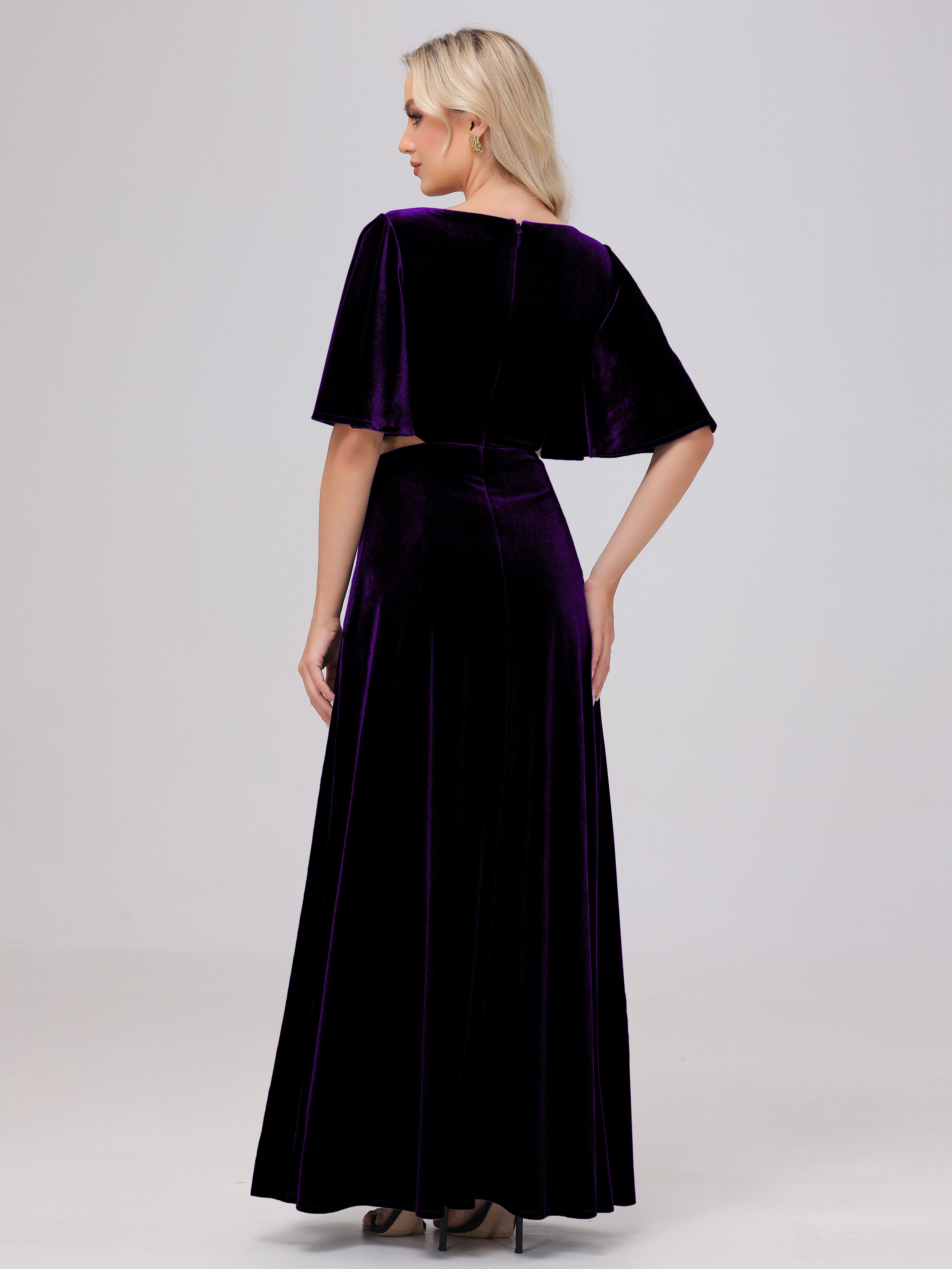 Short Sleeves Chest Tie A-line Velvet Bridesmaid Dresses