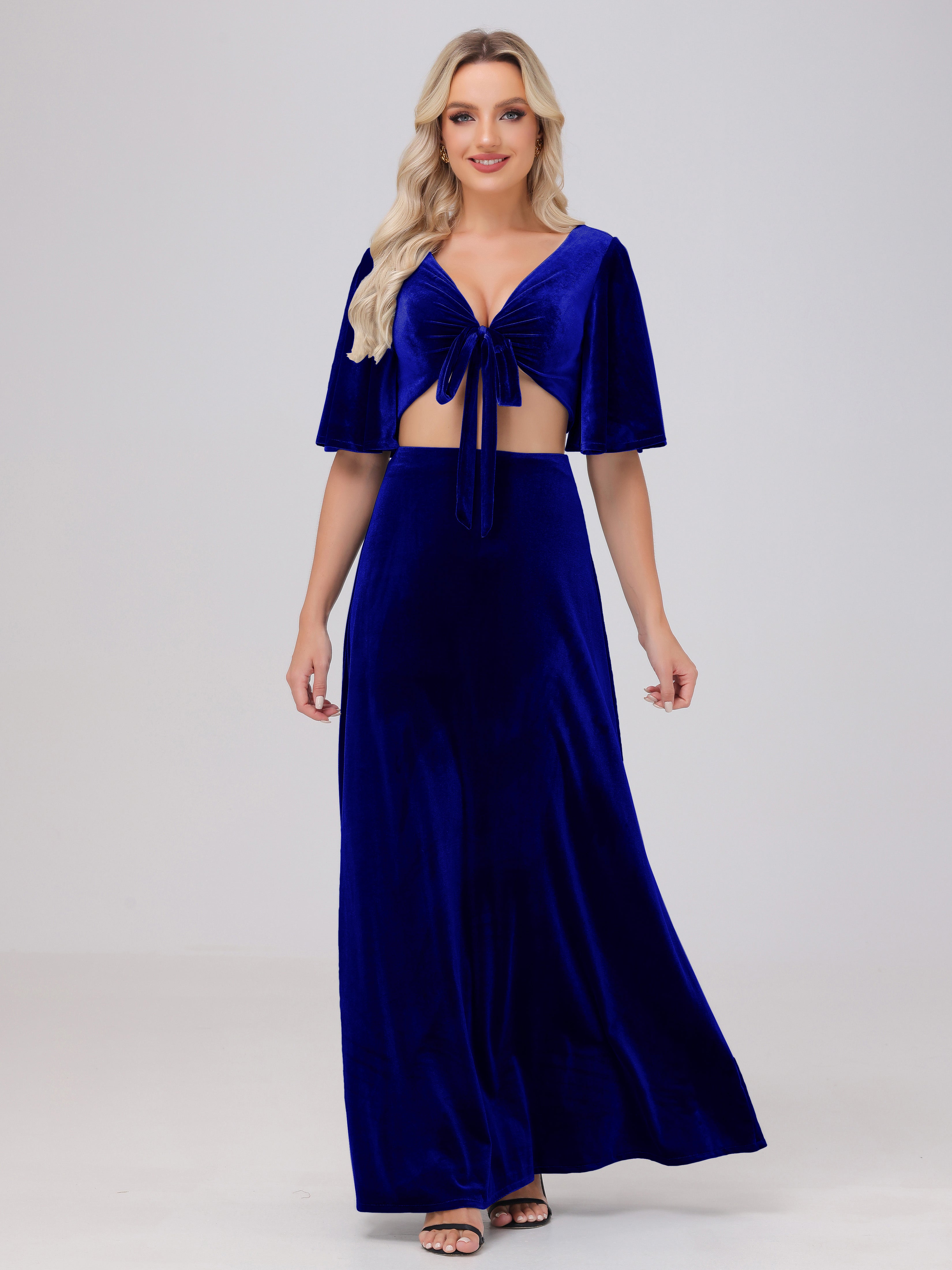 Short Sleeves Chest Tie A-line Velvet Bridesmaid Dresses