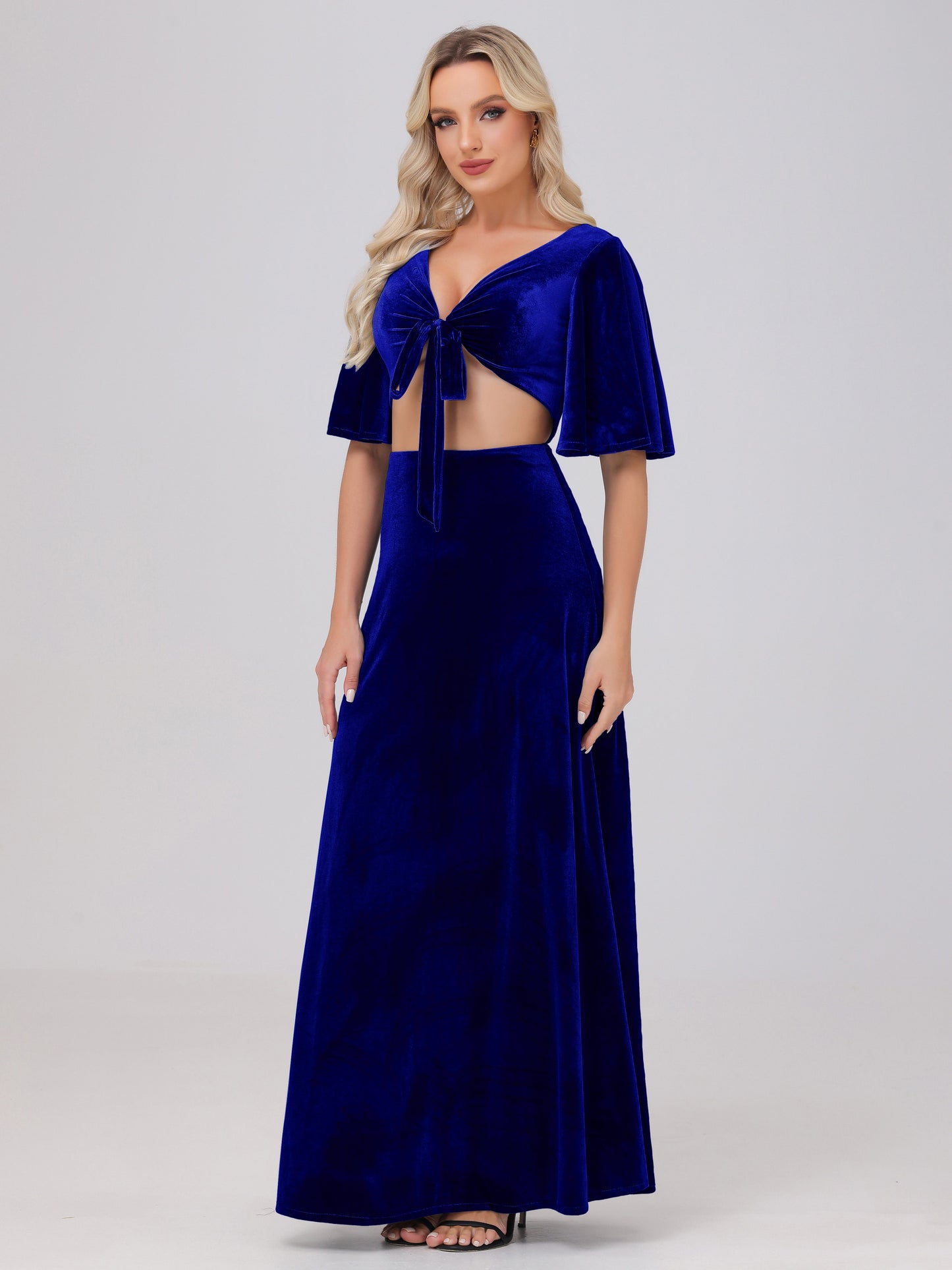 Short Sleeves Chest Tie A-line Velvet Bridesmaid Dresses