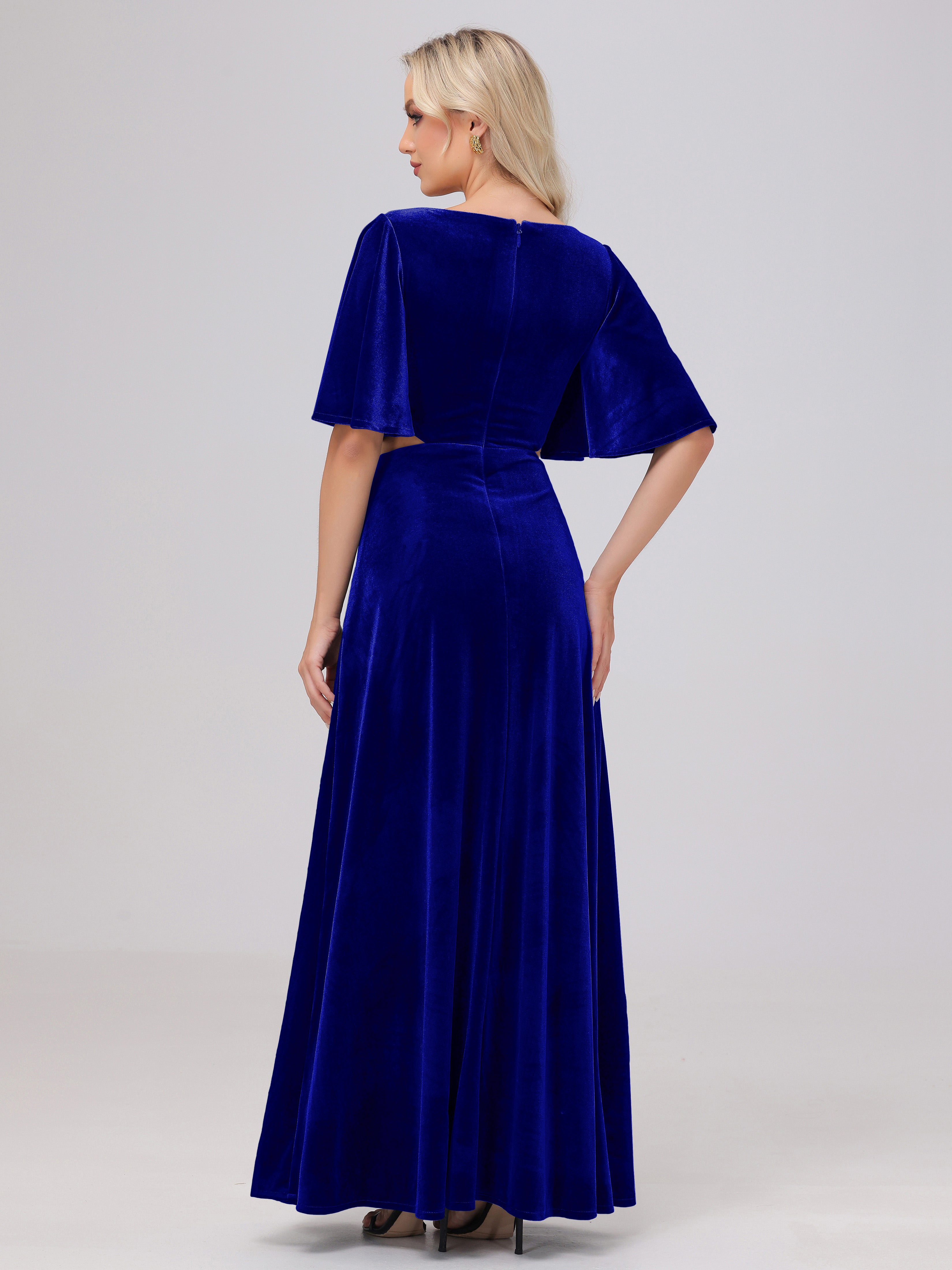 Short Sleeves Chest Tie A-line Velvet Bridesmaid Dresses