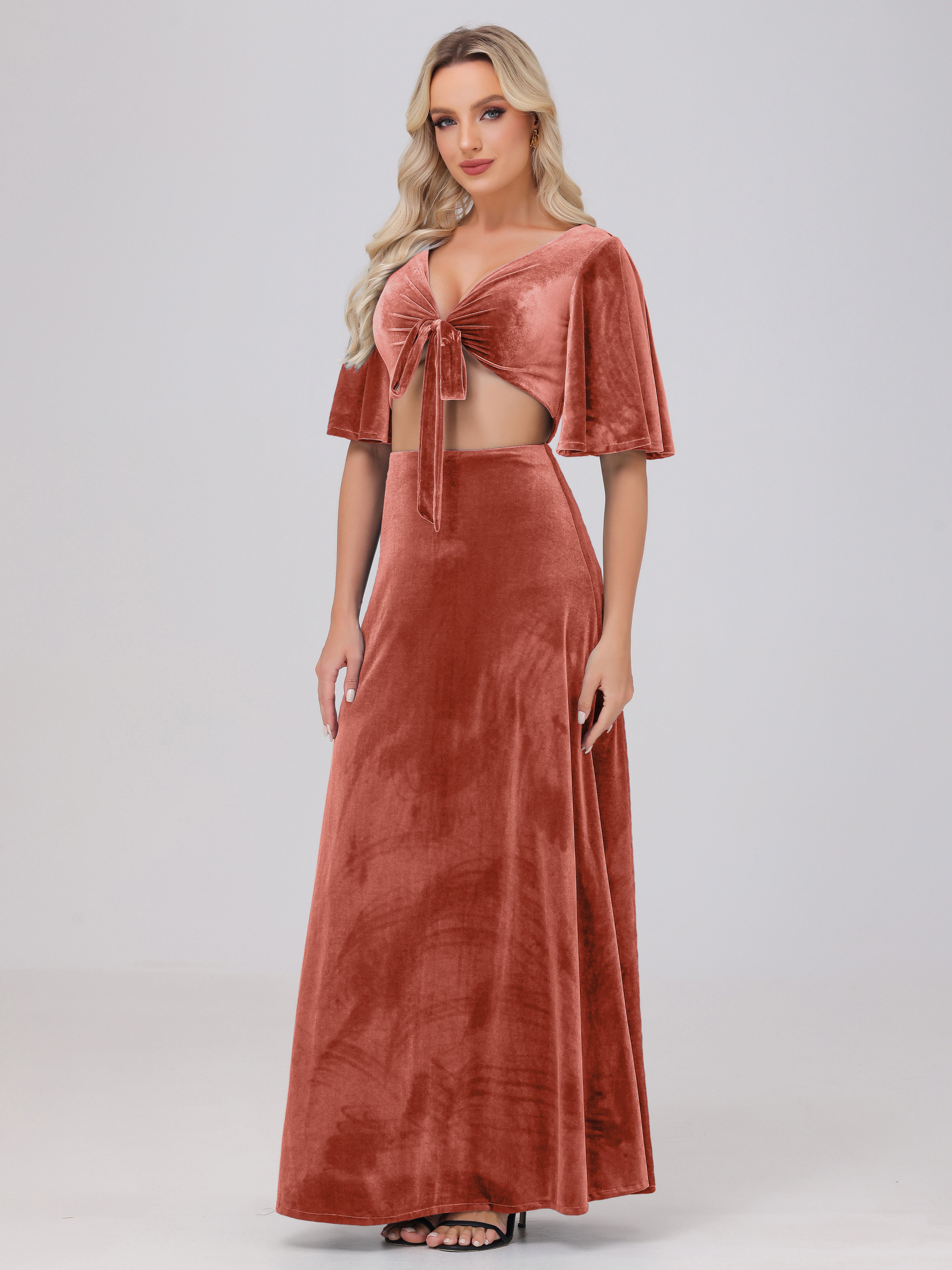 Short Sleeves Chest Tie A-line Velvet Bridesmaid Dresses