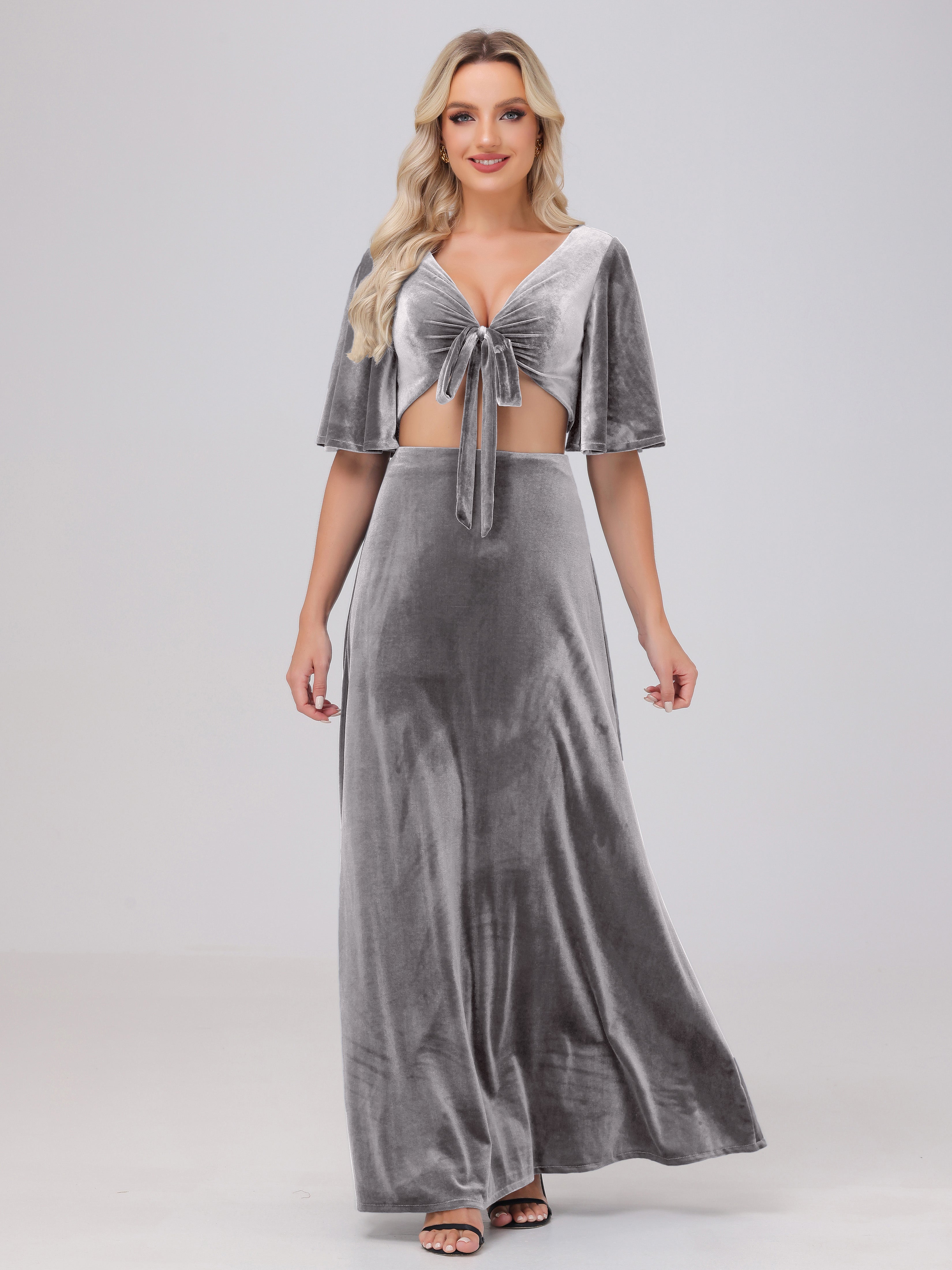 Short Sleeves Chest Tie A-line Velvet Bridesmaid Dresses