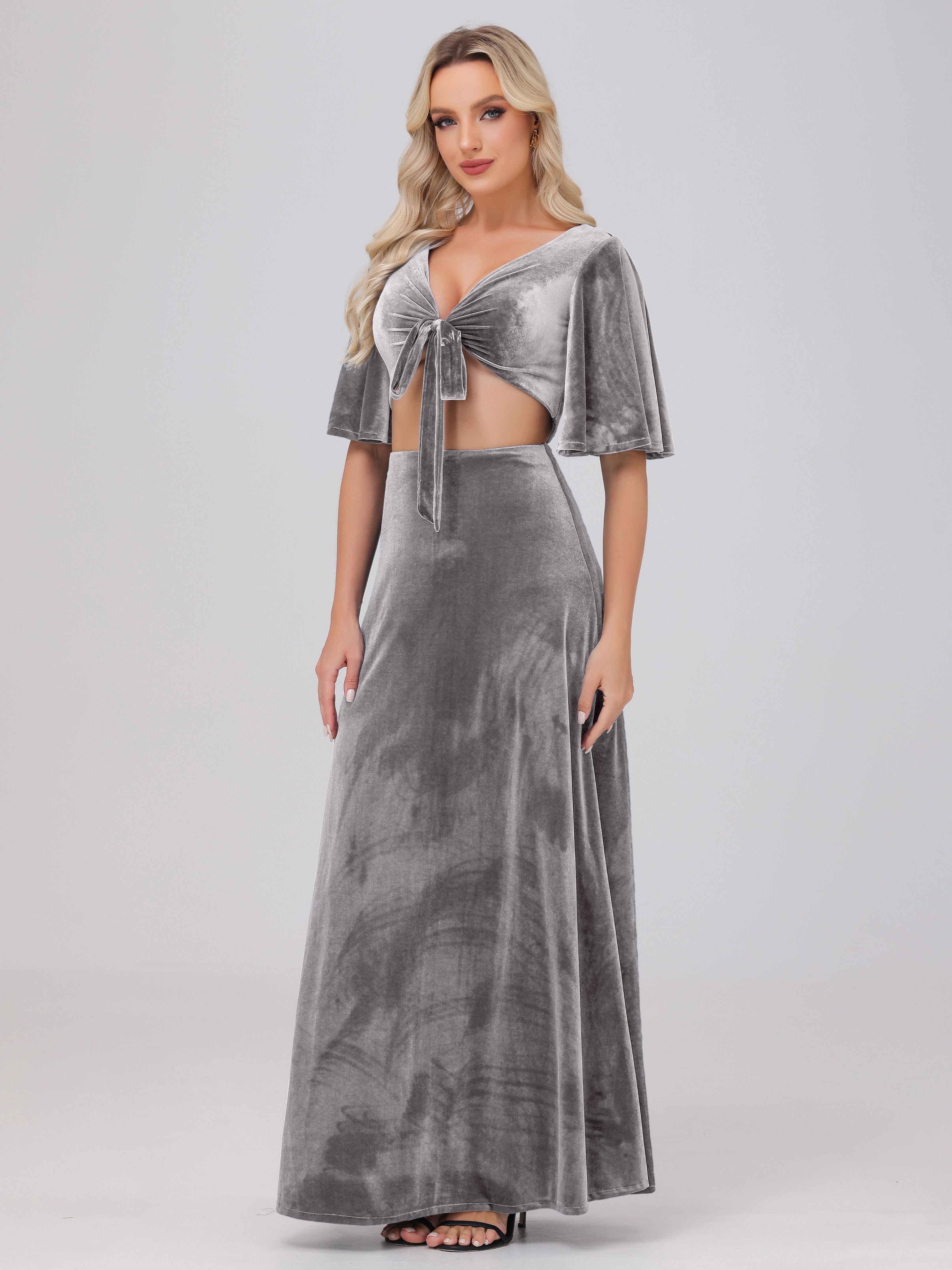 Short Sleeves Chest Tie A-line Velvet Bridesmaid Dresses