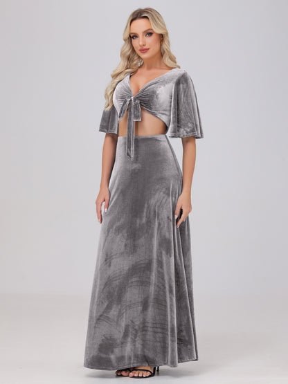 Short Sleeves Chest Tie A-line Velvet Bridesmaid Dresses