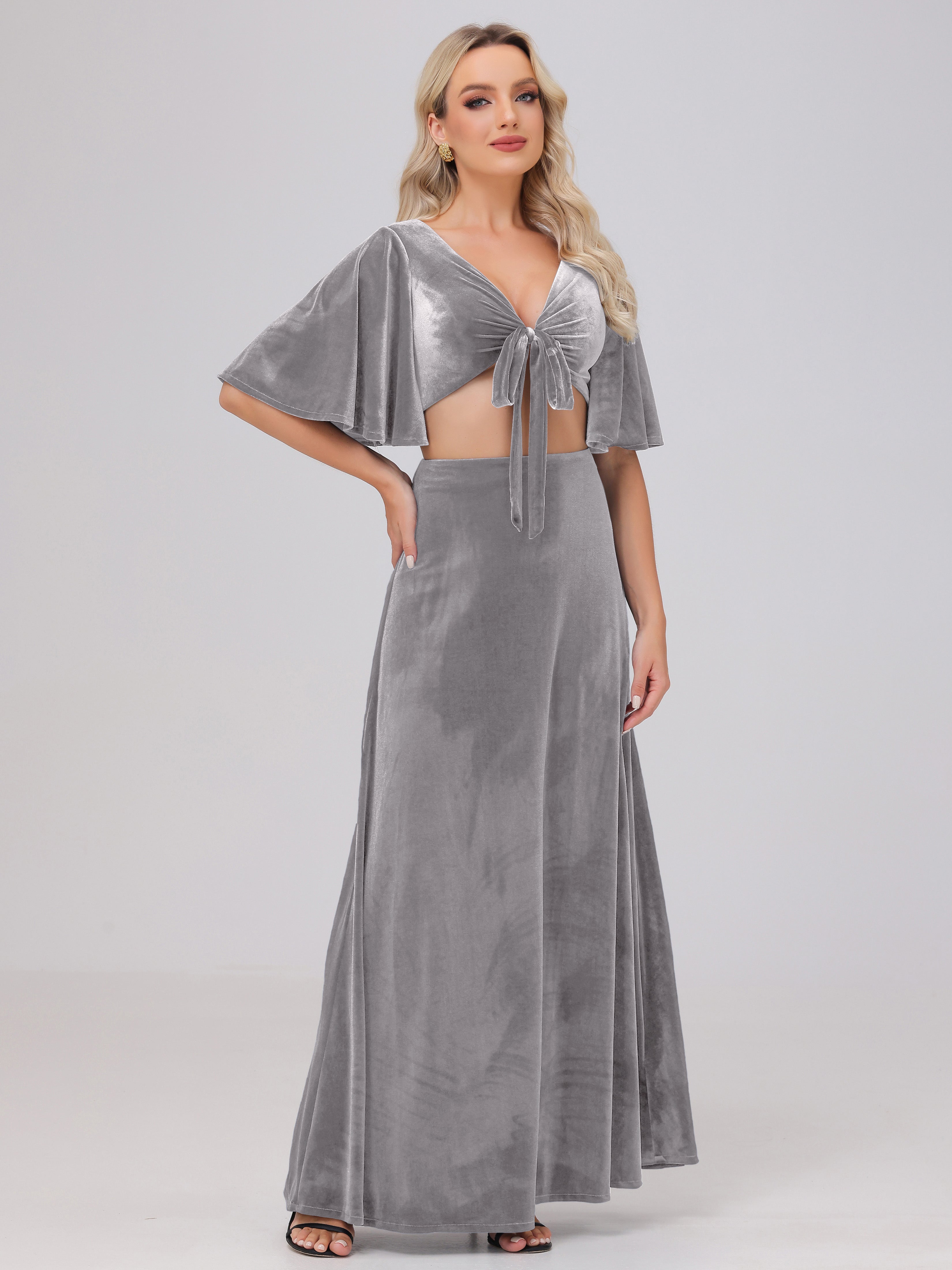 Short Sleeves Chest Tie A-line Velvet Bridesmaid Dresses
