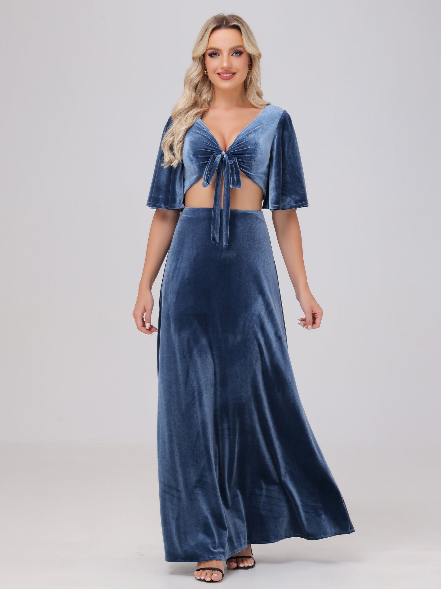 Short Sleeves Chest Tie A-line Velvet Bridesmaid Dresses