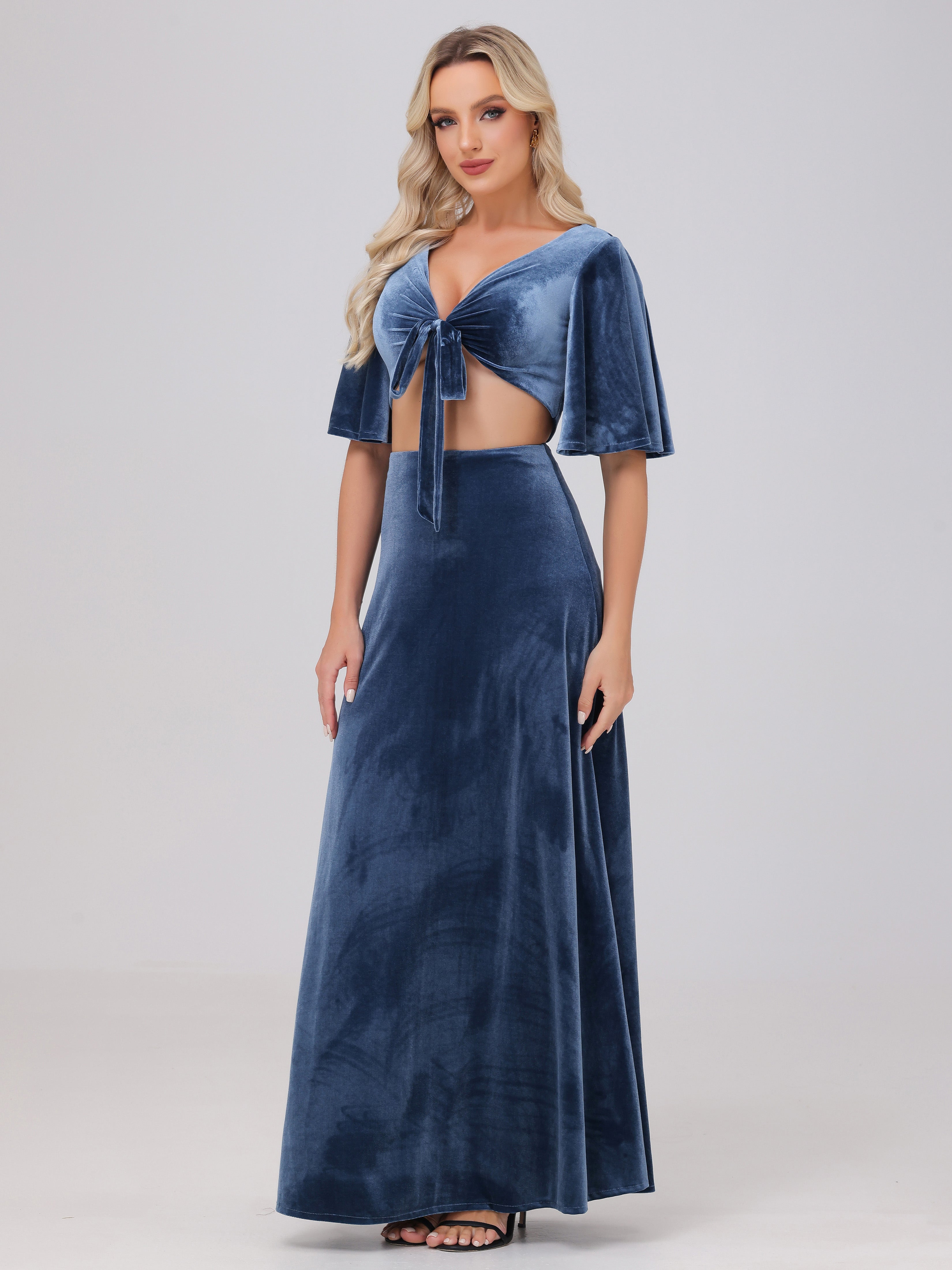 Short Sleeves Chest Tie A-line Velvet Bridesmaid Dresses