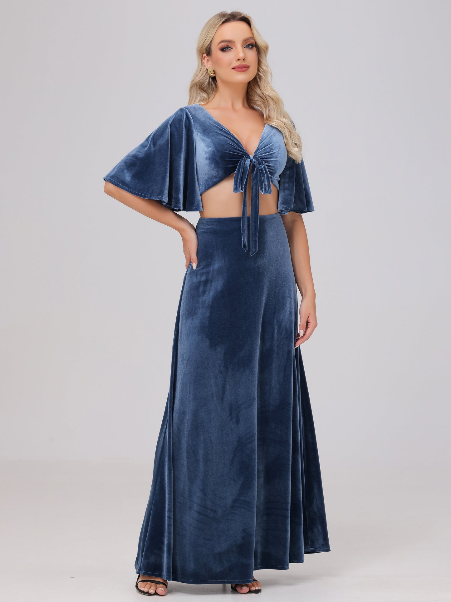 Short Sleeves Chest Tie A-line Velvet Bridesmaid Dresses