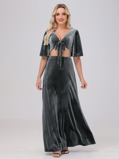 Short Sleeves Chest Tie A-line Velvet Bridesmaid Dresses