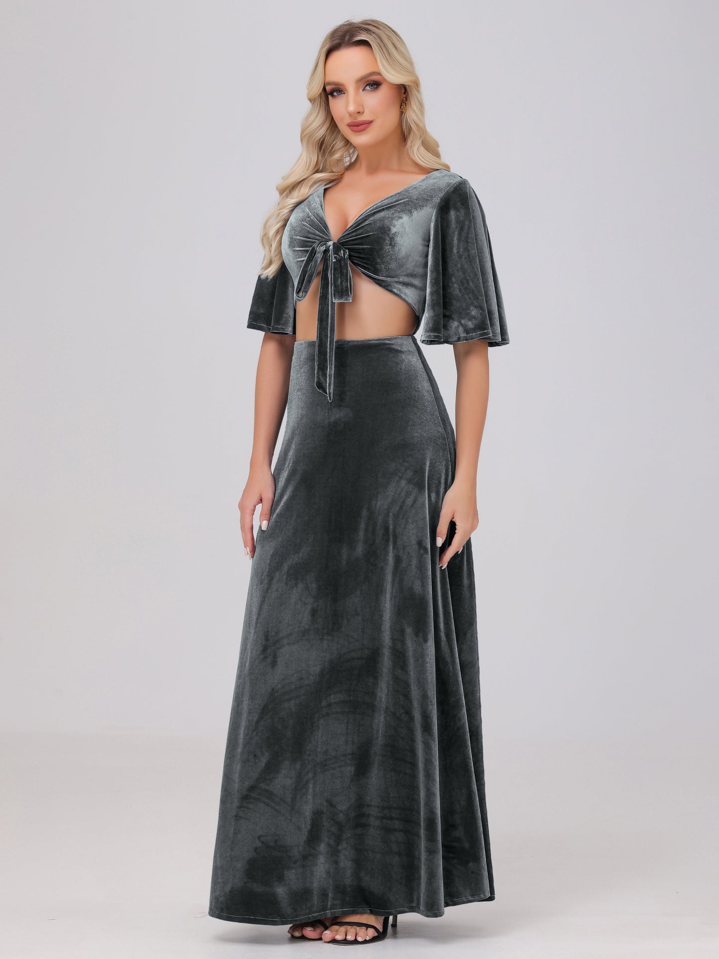 Short Sleeves Chest Tie A-line Velvet Bridesmaid Dresses