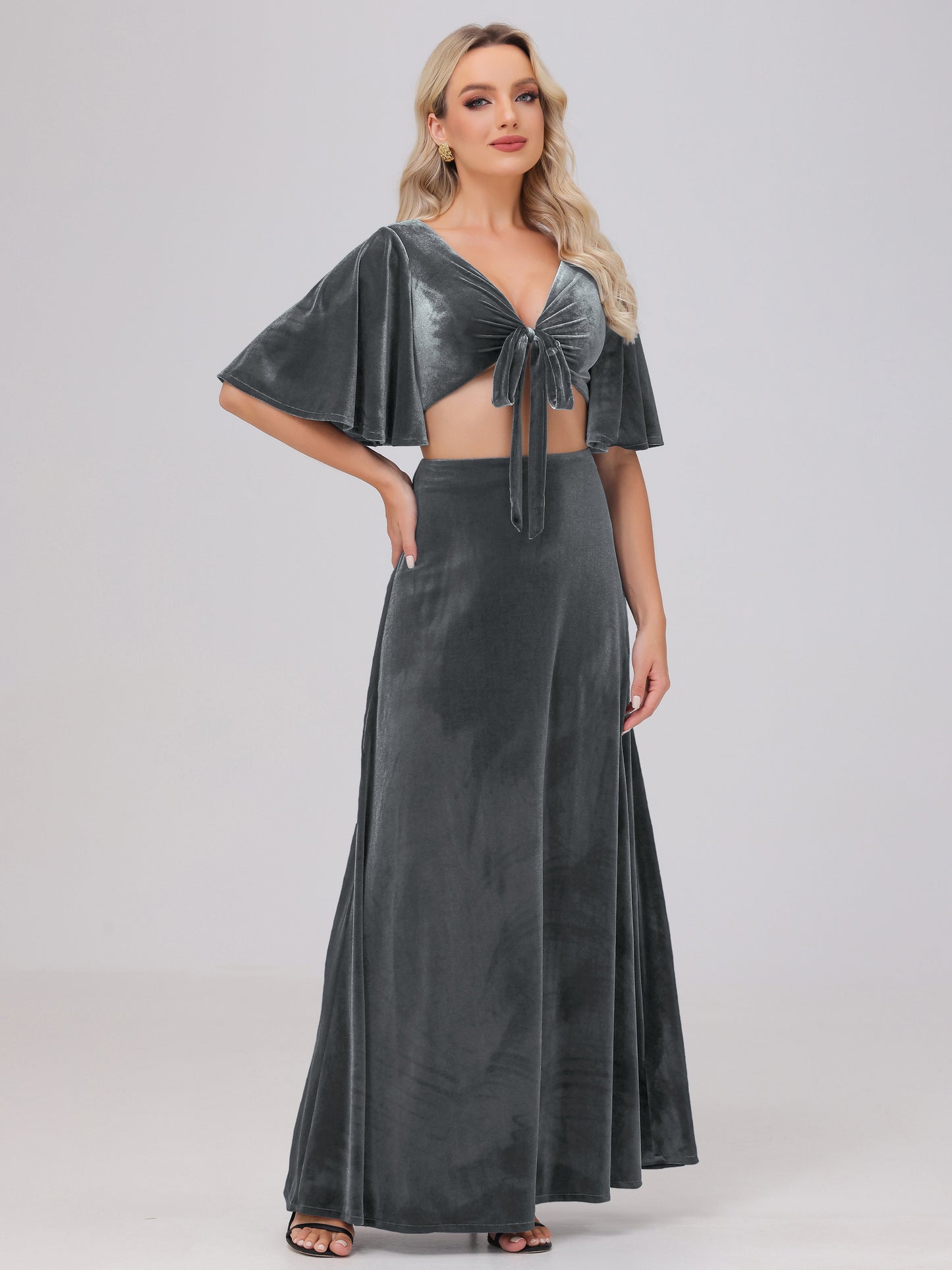 Short Sleeves Chest Tie A-line Velvet Bridesmaid Dresses