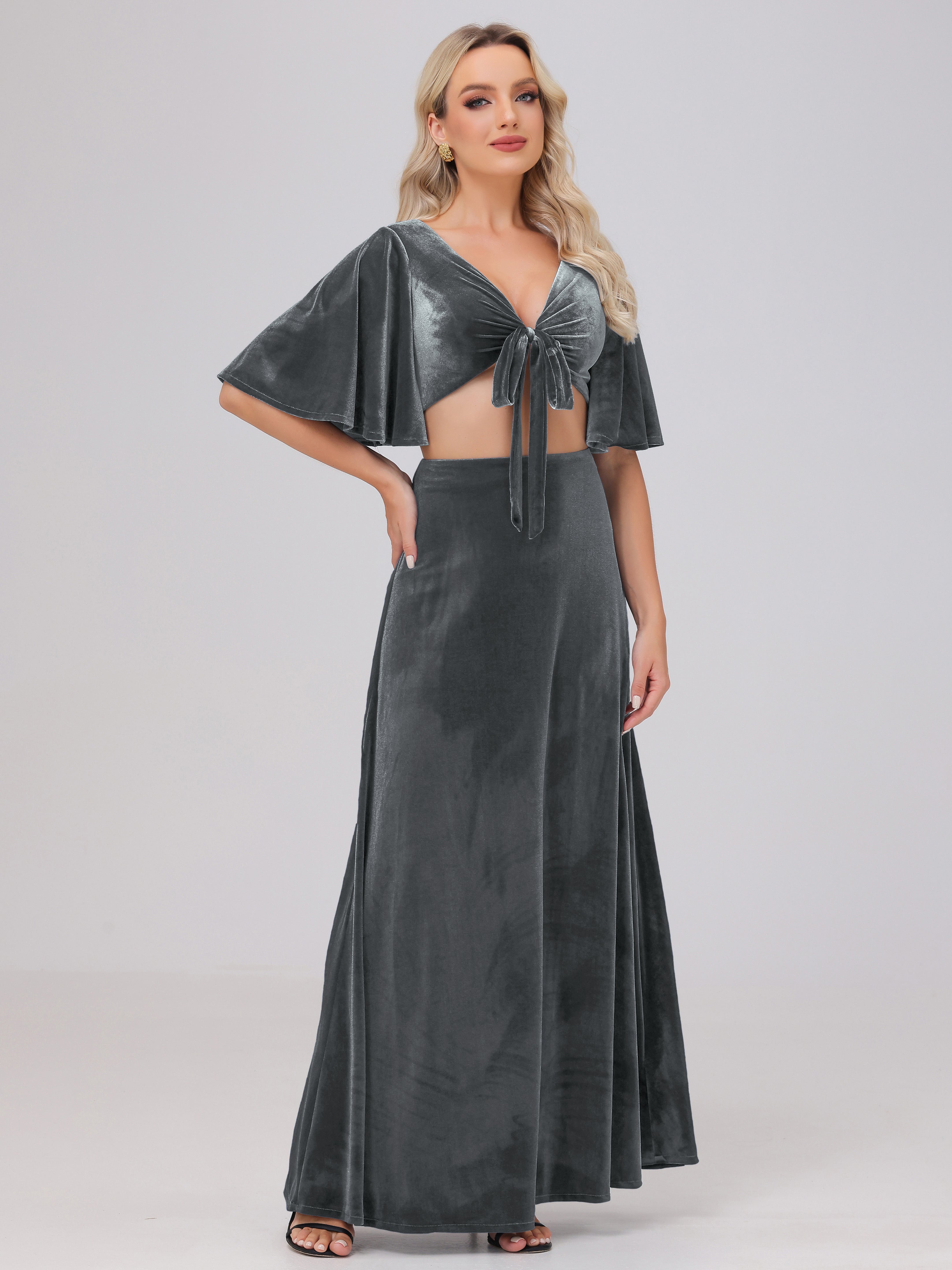 Short Sleeves Chest Tie A-line Velvet Bridesmaid Dresses