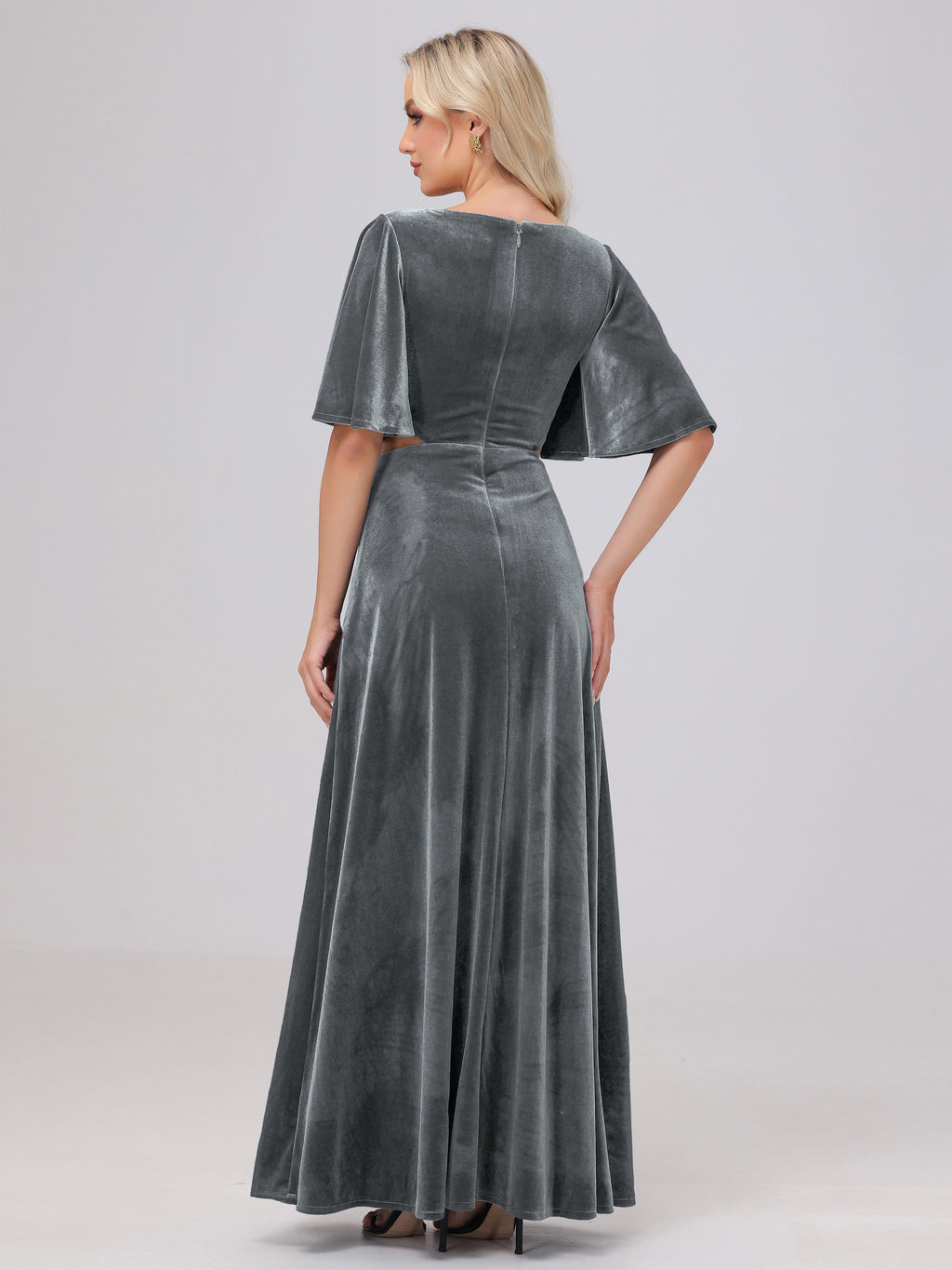 Short Sleeves Chest Tie A-line Velvet Bridesmaid Dresses