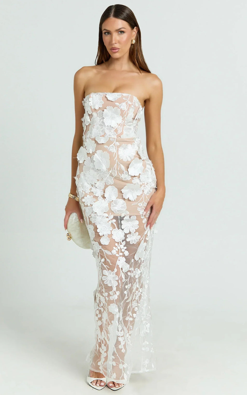 Sienna Maxi Dress 3D Floral Strapless Column Dress in White